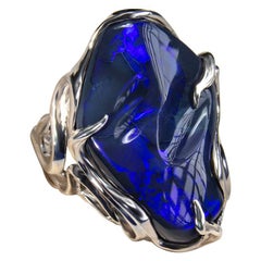 Big Black Opal Silver Ring Australian Blue Opal Ring