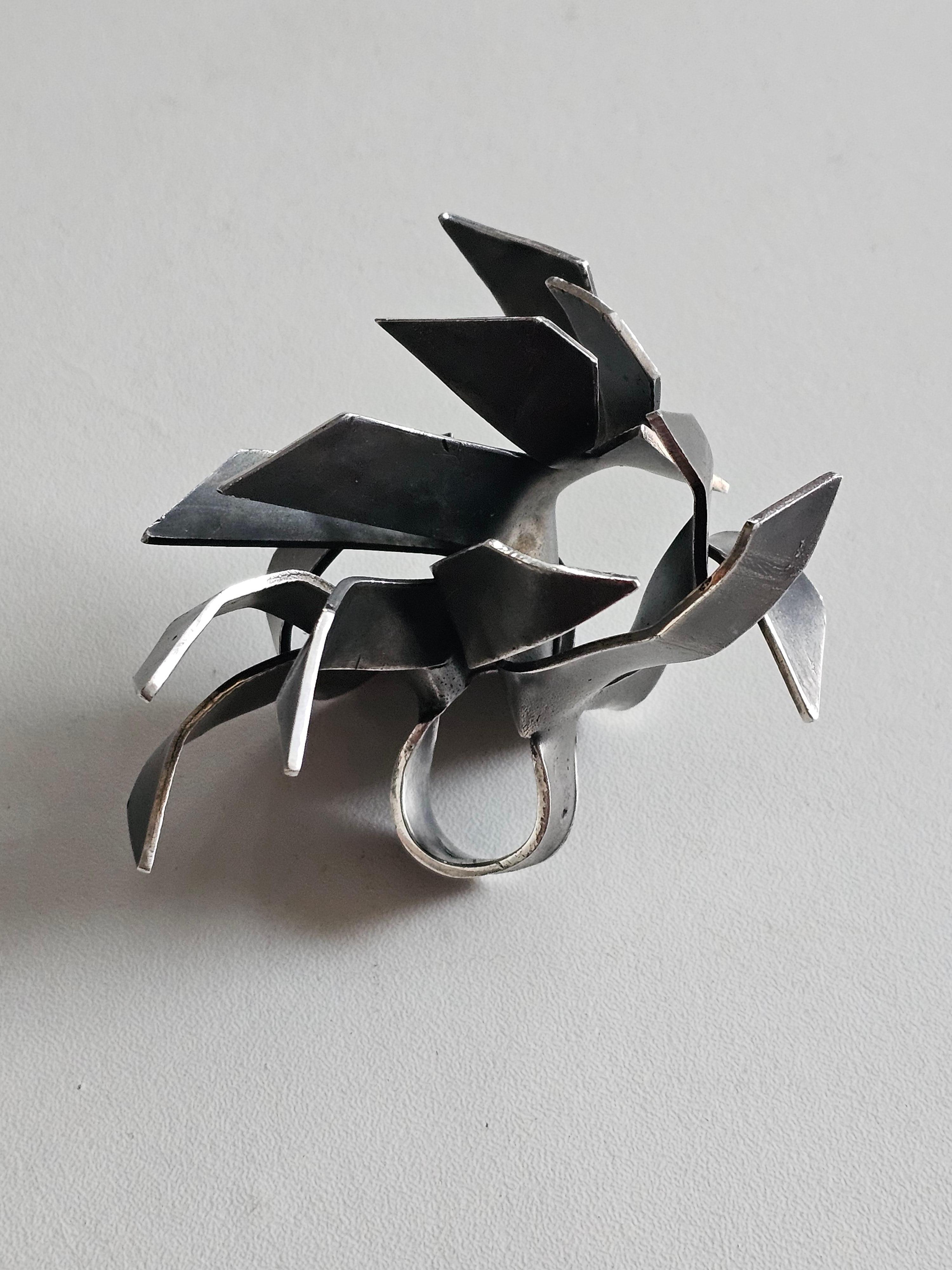 Women's or Men's Alina Alamorean Big Tree Sculptural Contemporary Statement Ring Black Silver For Sale