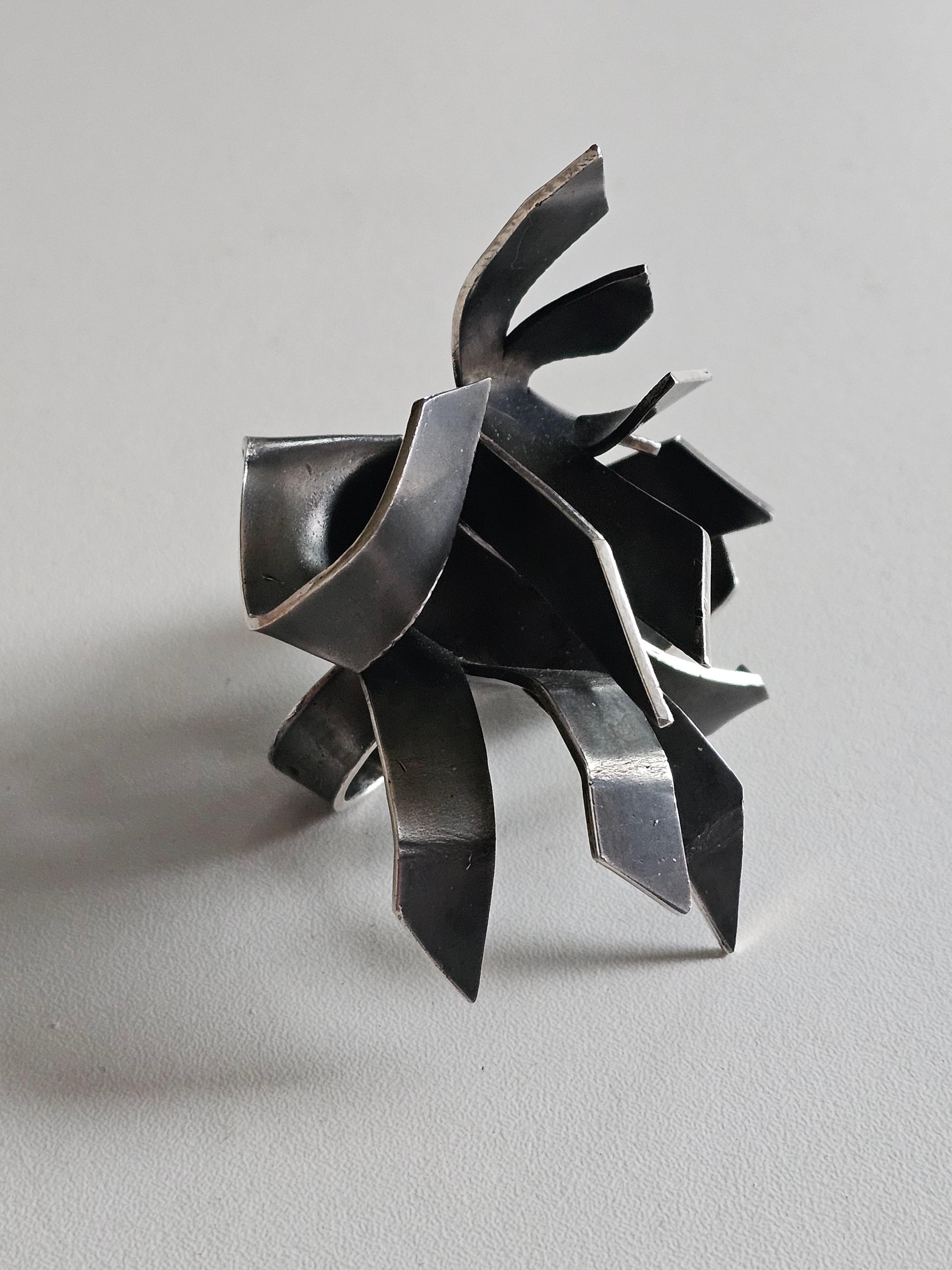 Alina Alamorean Big Tree Sculptural Contemporary Statement Ring Black Silver For Sale 1