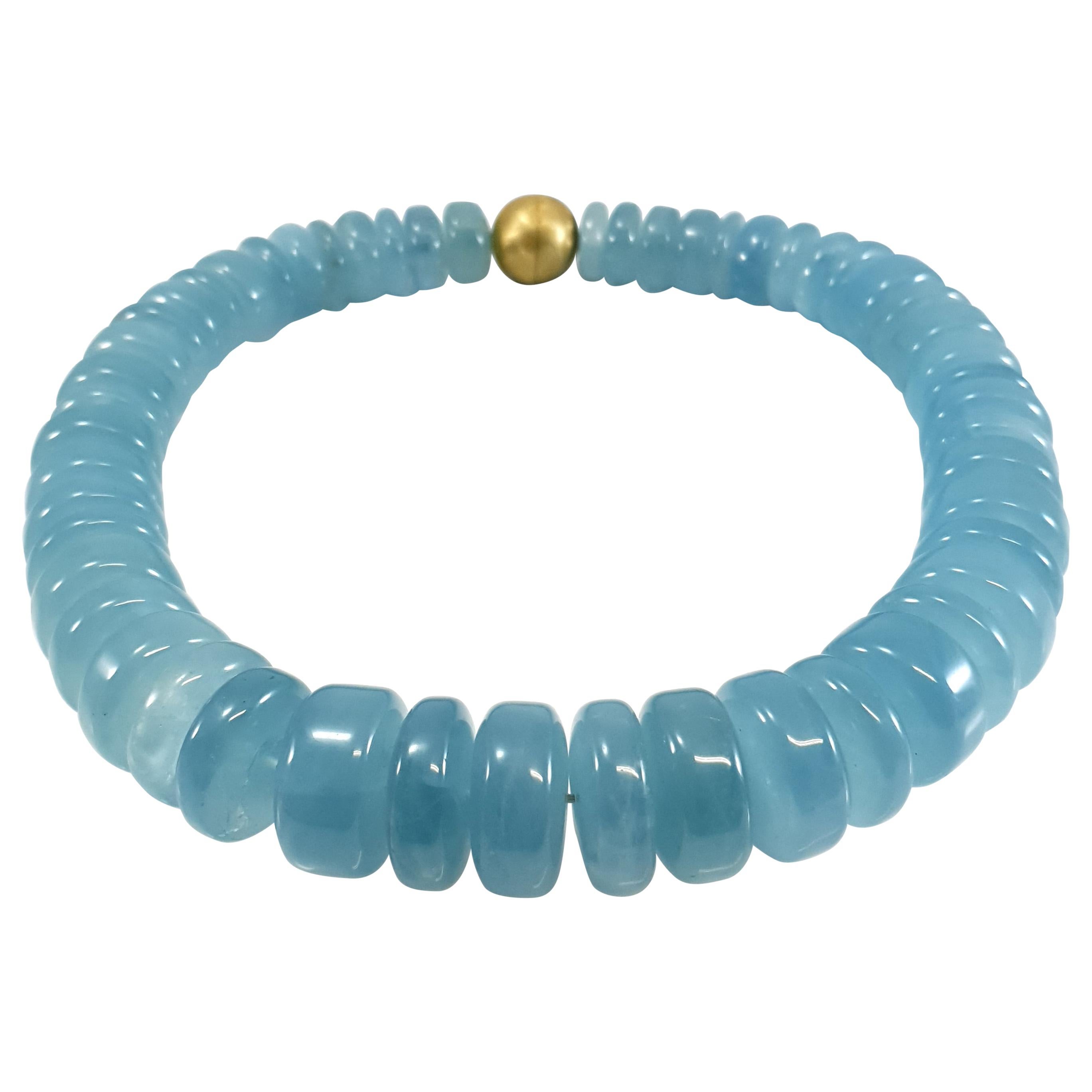 Big Blue Aquamarine Rondel Beaded Necklace with 18 Carat Mat Yellow Gold Clasp