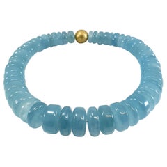 Big Blue Aquamarine Rondel Beaded Necklace with 18 Carat Mat Yellow Gold Clasp