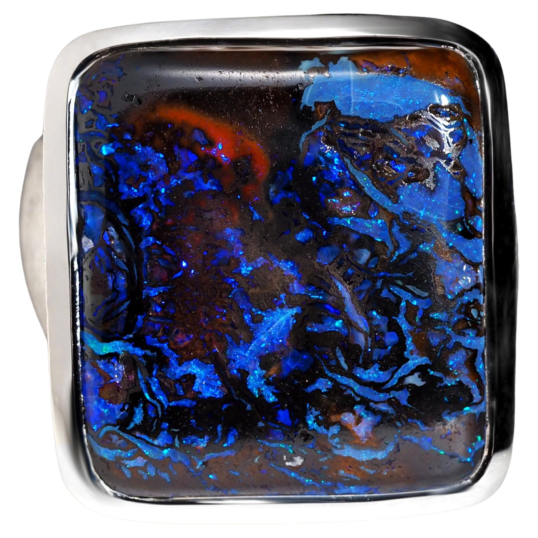 Anello d'argento Big Blue Boulder Opal Unisex Dichiarazione Gioielli in opale naturale Koroit in vendita