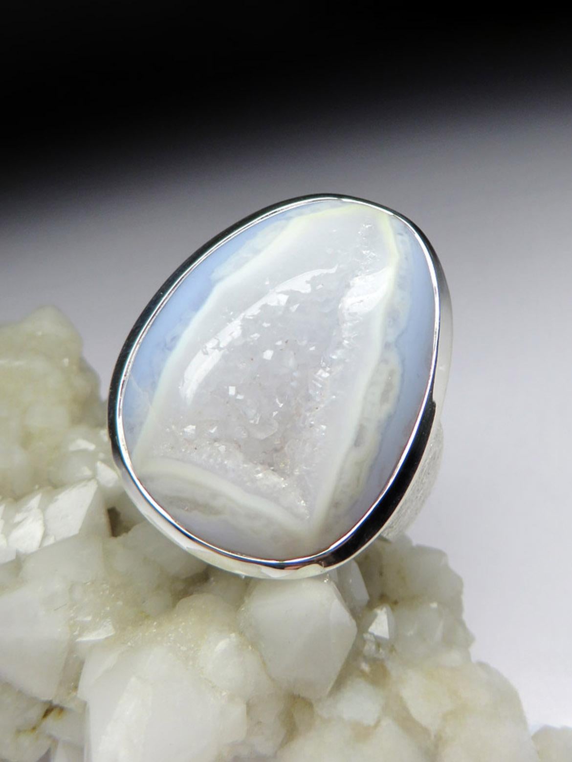 Artisan Big Blue Lace Agate Silver Ring Geologist gift large statement ring For Sale