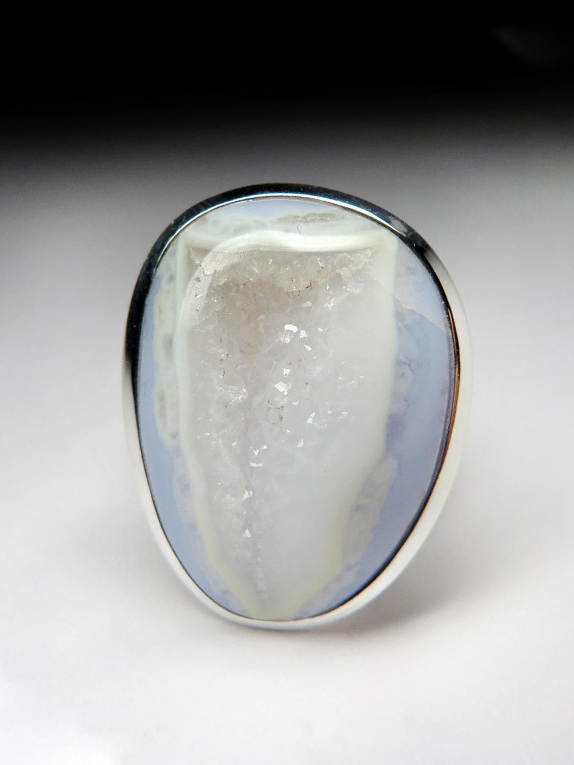 Oval Cut Big Blue Lace Agate Silver Ring Geologist gift large statement ring For Sale