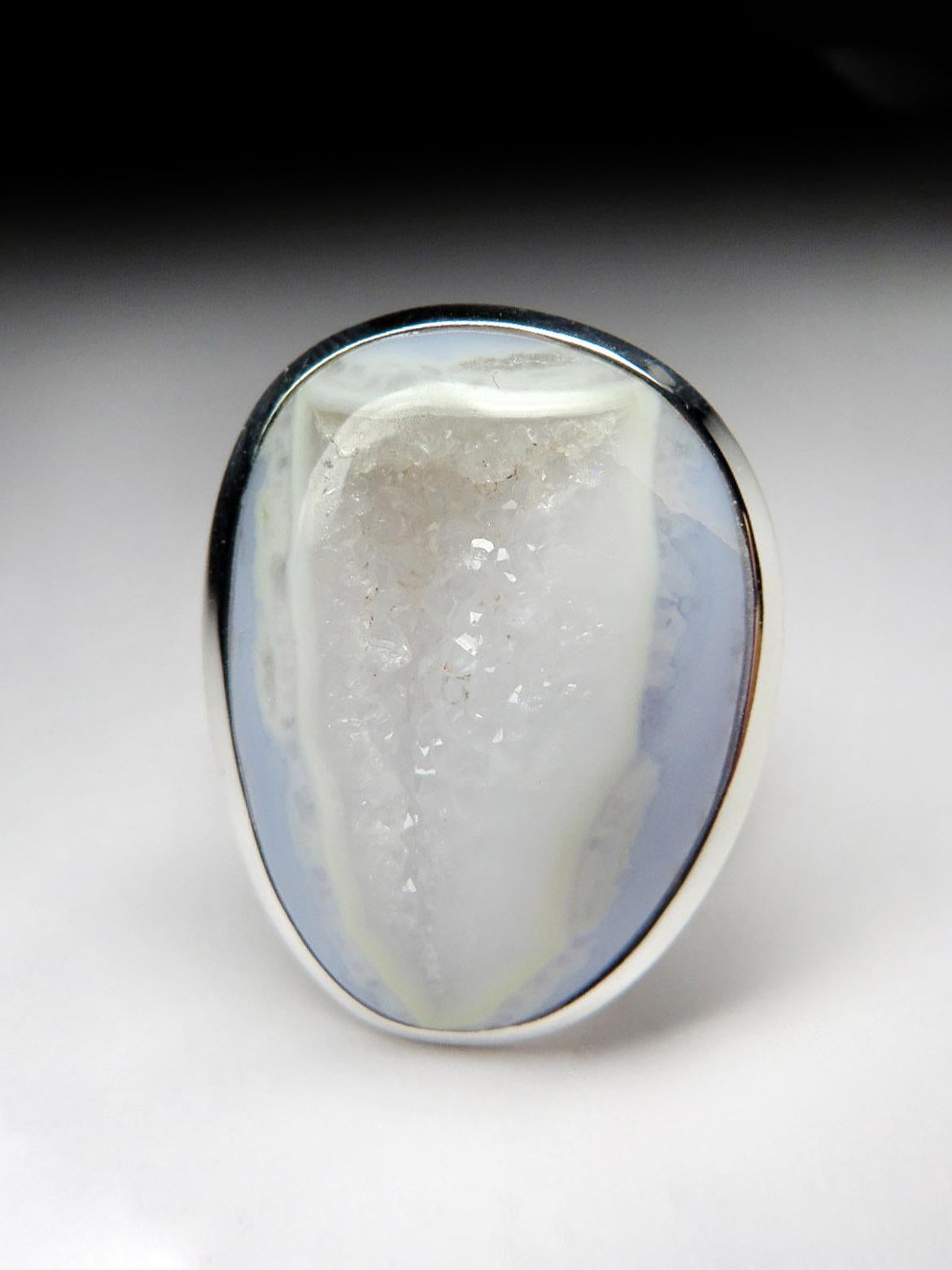 Artisan Big Blue Lace Agate Silver Ring Geologist gift large statement ring For Sale