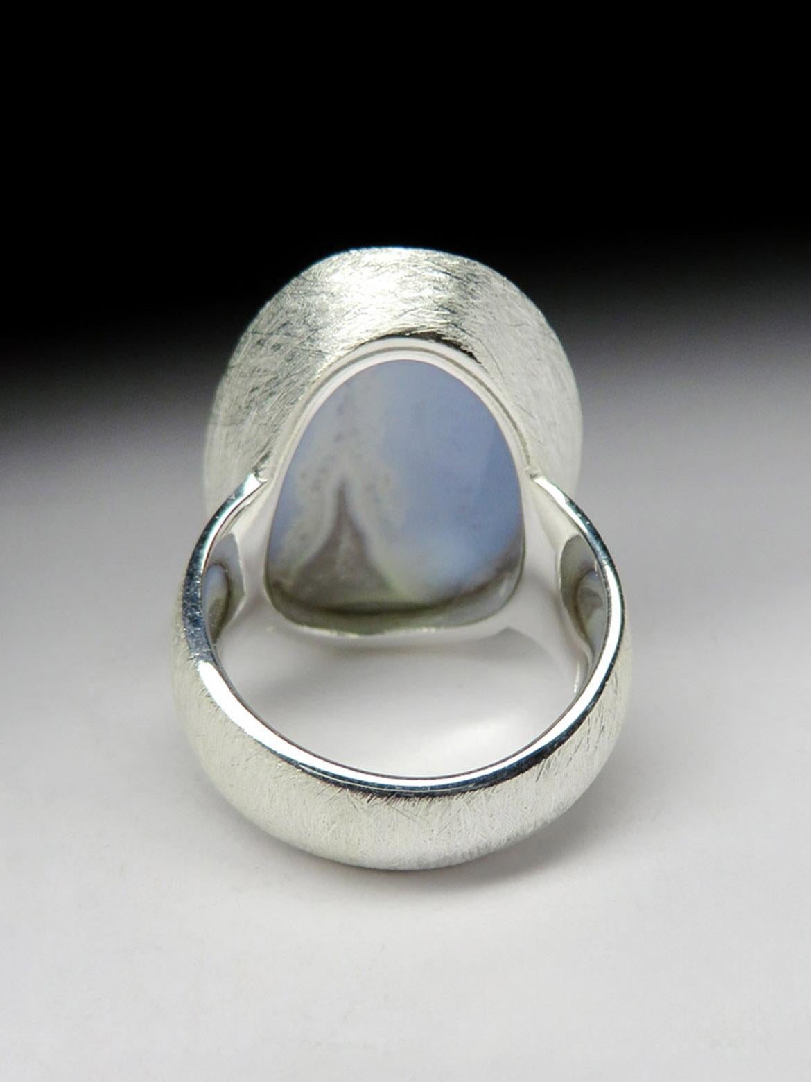 Oval Cut Big Blue Lace Agate Silver Ring Geologist gift large statement ring For Sale
