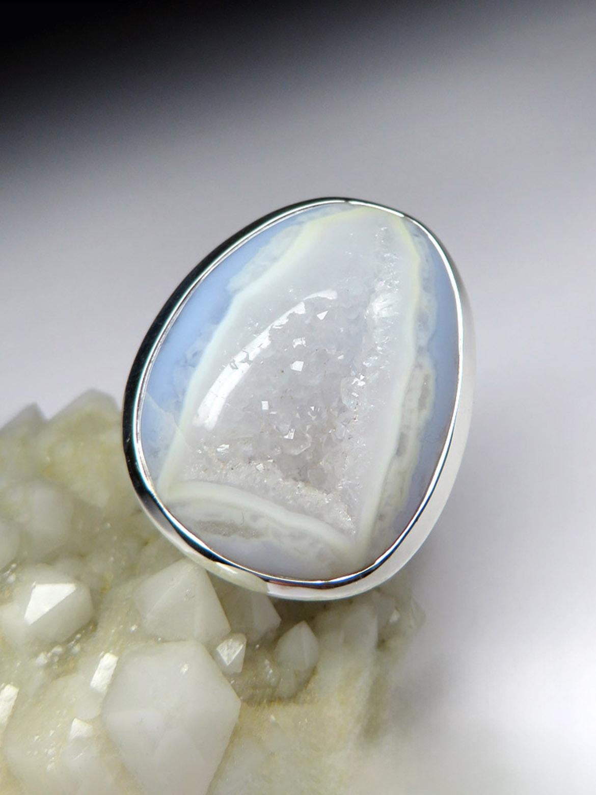 Big Blue Lace Agate Silver Ring Geologist gift large statement ring For Sale 1
