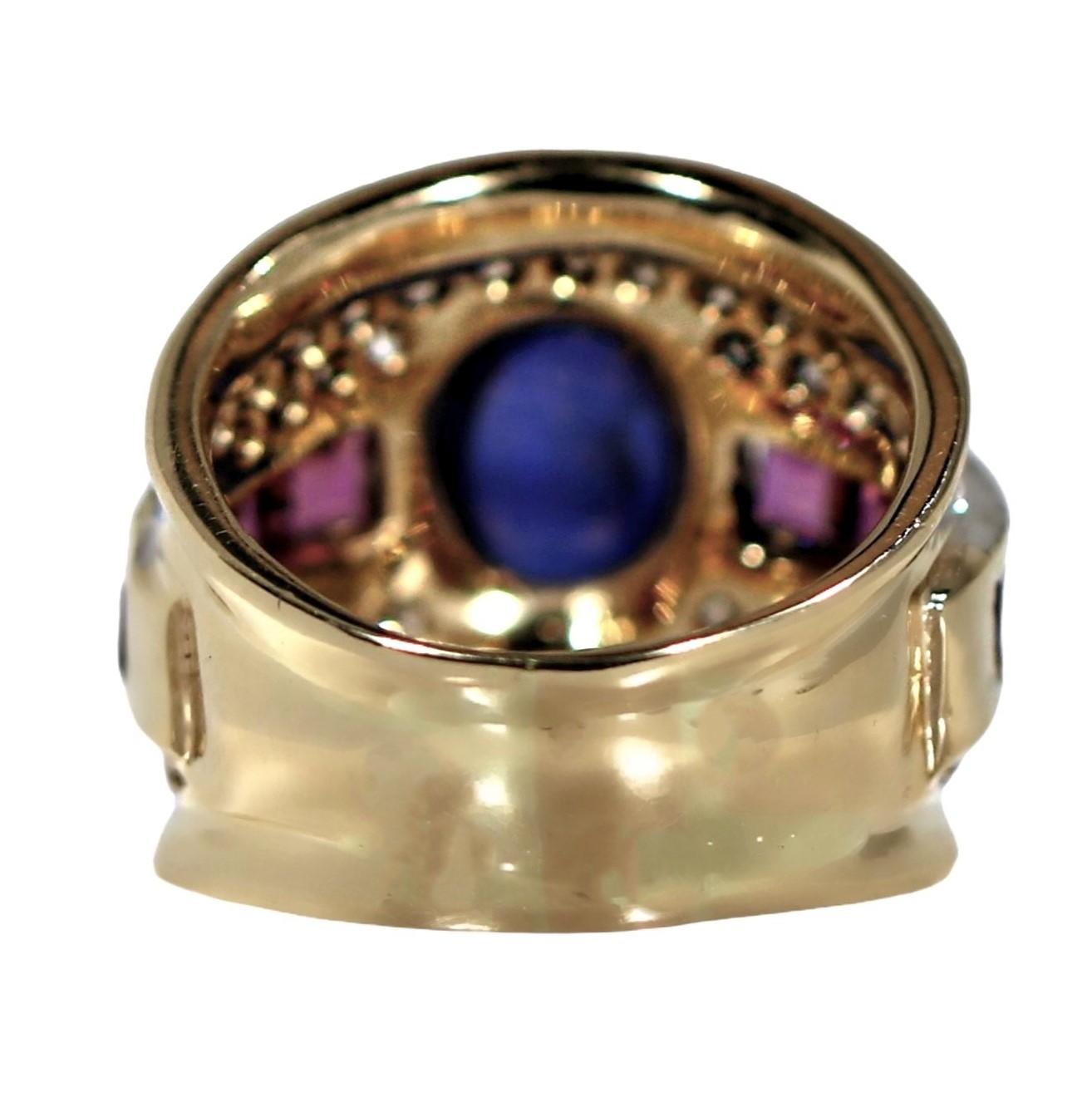 Modern Big, Bold 1970's Gold, Diamond, Sapphire and Ruby Cocktail Ring For Sale