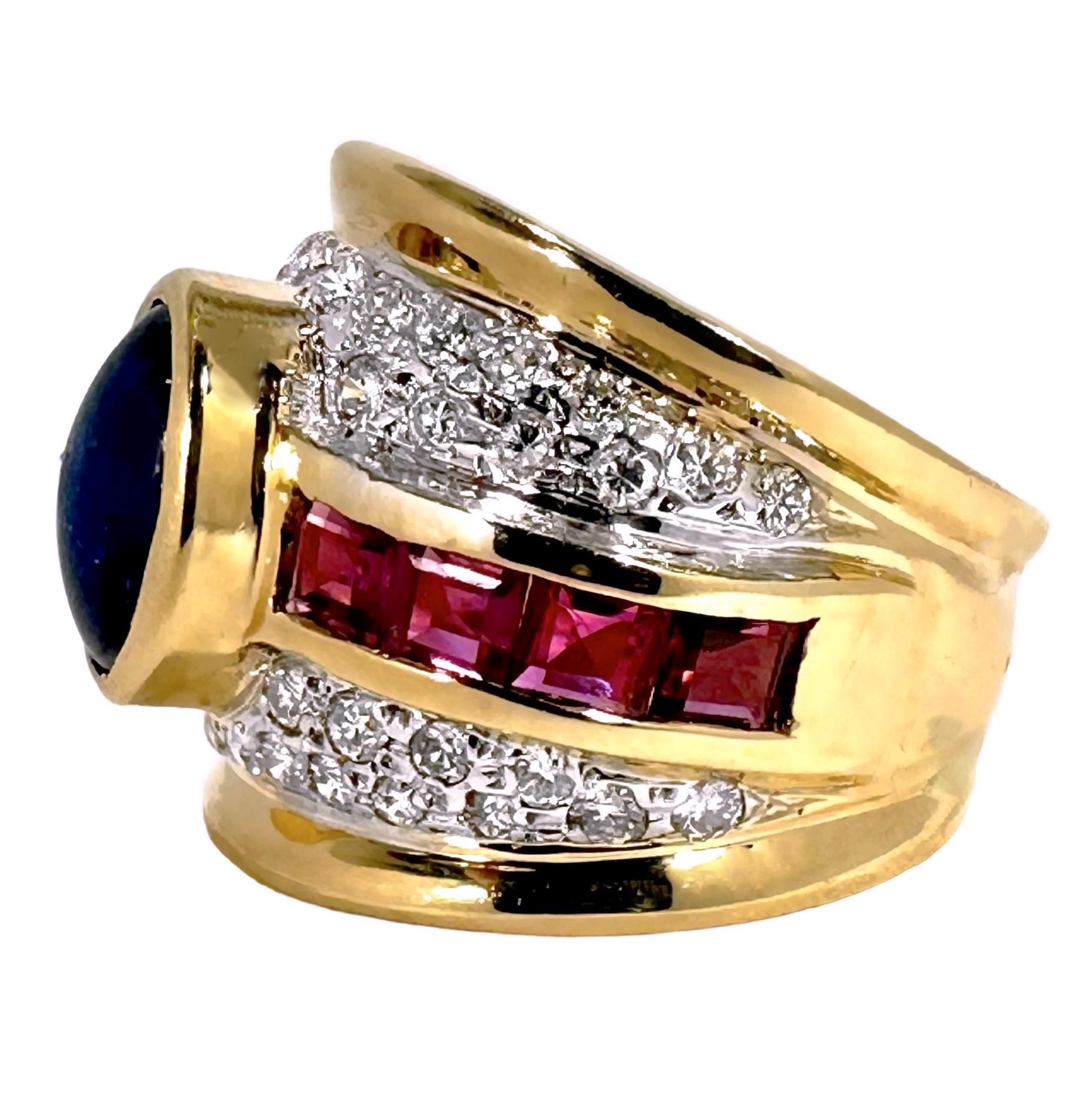 Brilliant Cut Big, Bold 1970's Gold, Diamond, Sapphire and Ruby Cocktail Ring For Sale