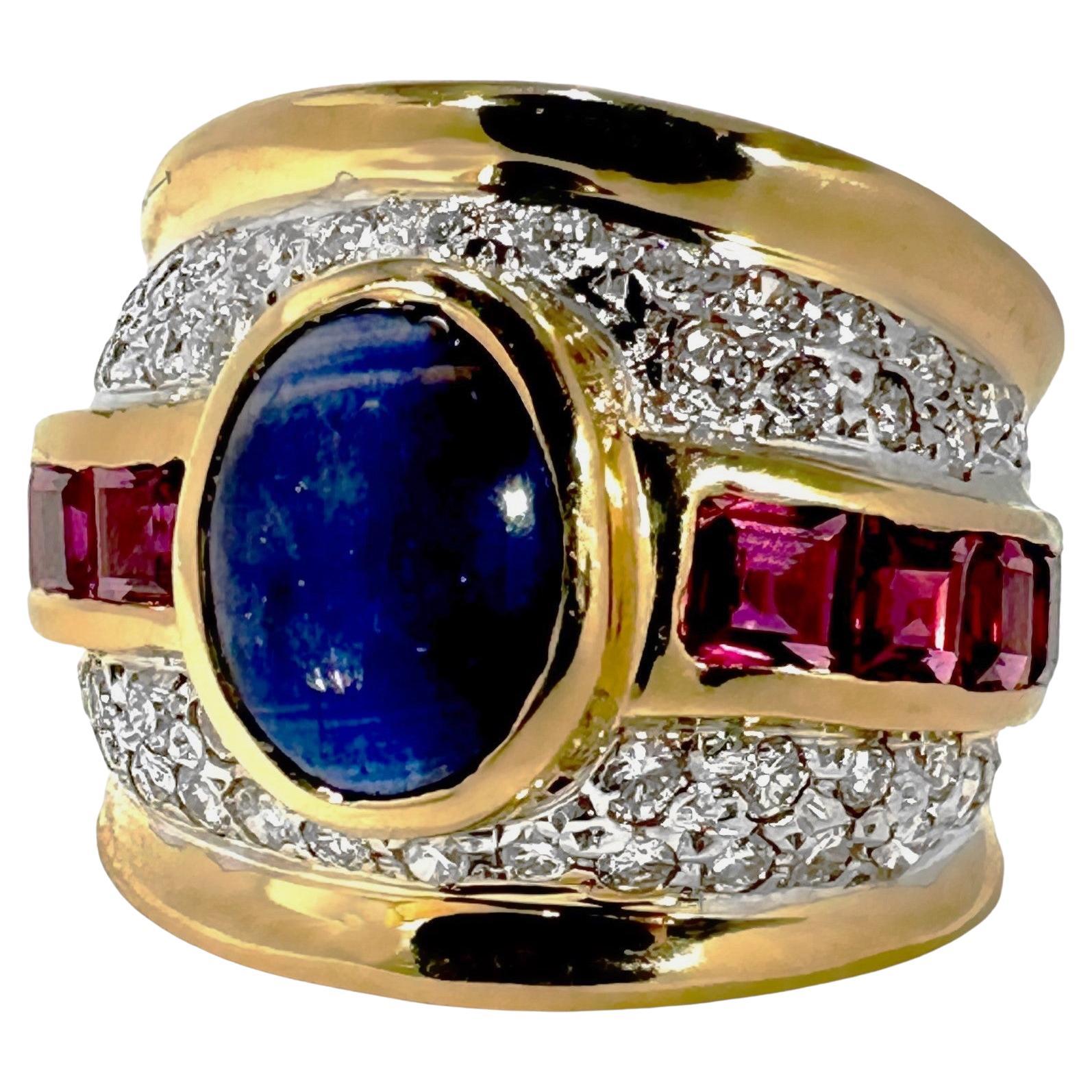 Big, Bold 1970's Gold, Diamond, Sapphire and Ruby Cocktail Ring In Good Condition For Sale In Palm Beach, FL