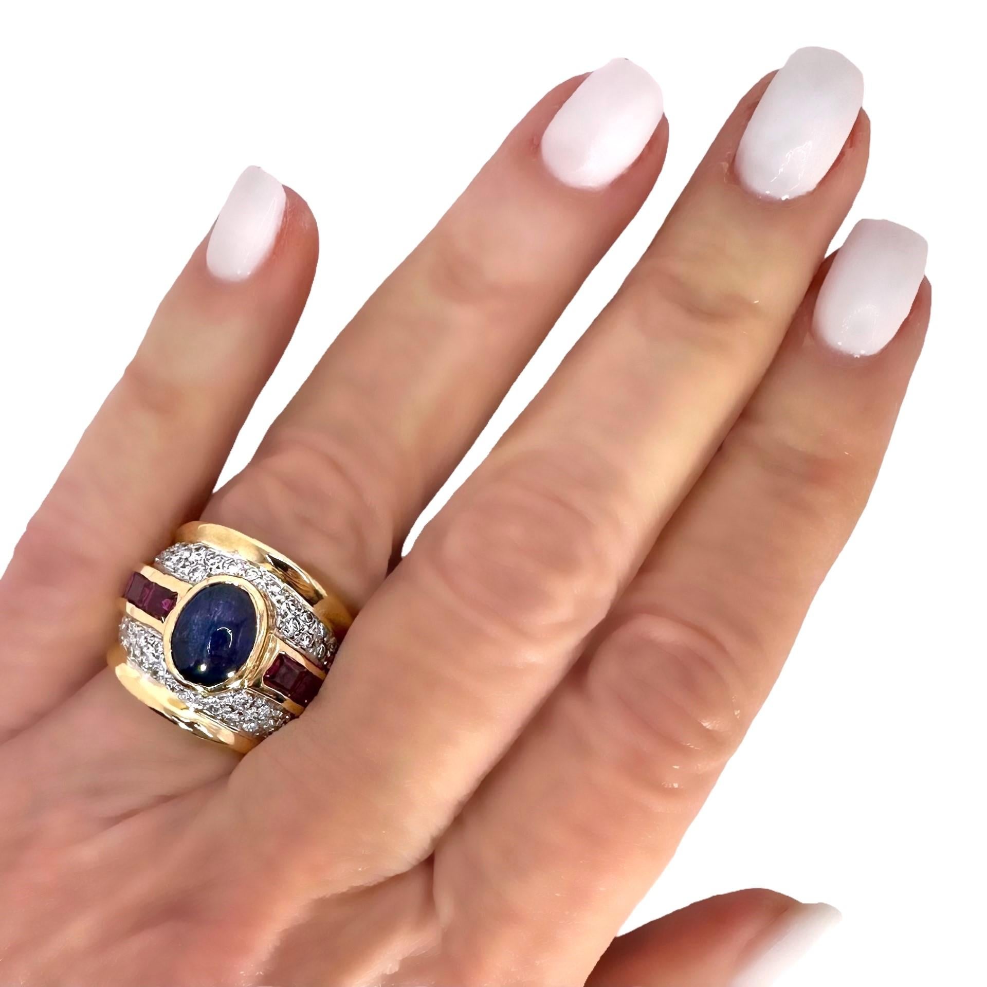 Big, Bold 1970's Gold, Diamond, Sapphire and Ruby Cocktail Ring For Sale 2