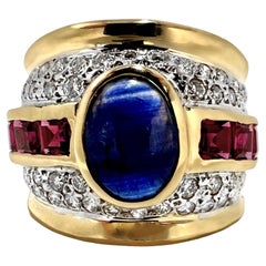 Big, Bold 1970's Gold, Diamond, Sapphire and Ruby Cocktail Ring