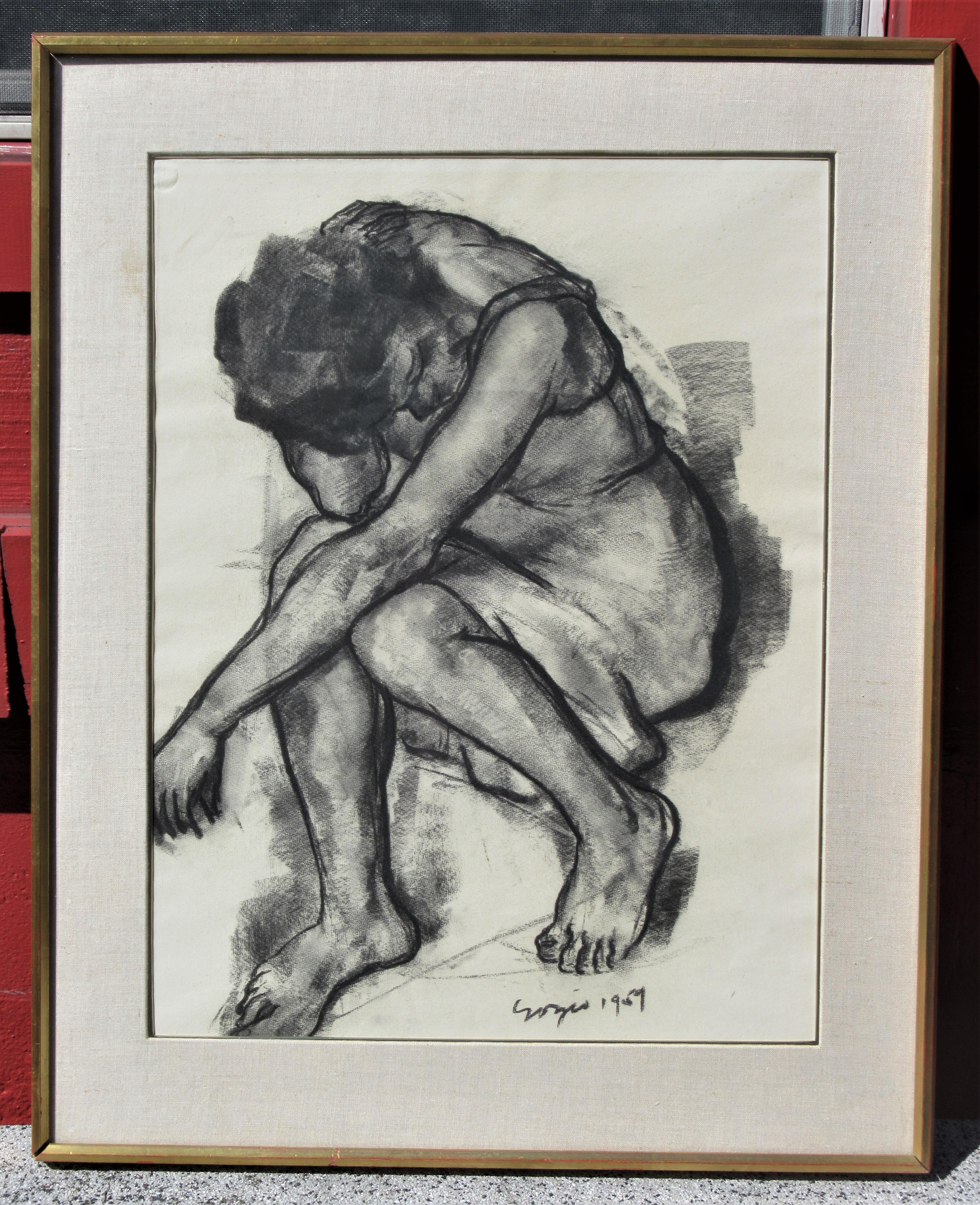 Beautiful bold drawing of a woman on watermarked paper. Artist signed lower right (hard to read signature - looks a little like Soyer ? Noyes ?) dated 1957. A very well executed striking powerful image. Look at all pictures and read condition report