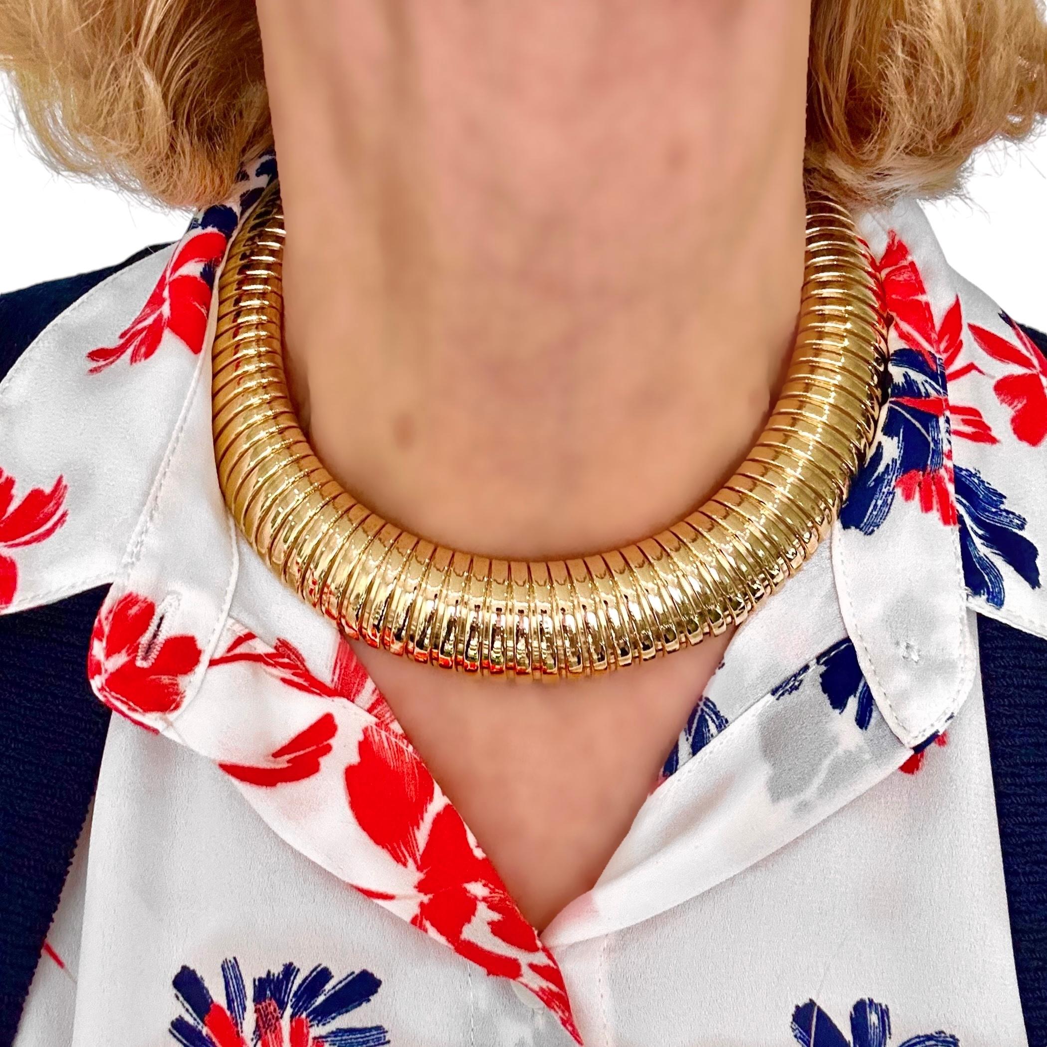 Big & Bold Italian 14k Yellow Gold Bombe Tubogas Choker Necklace 7/8 Inch Wide For Sale 4