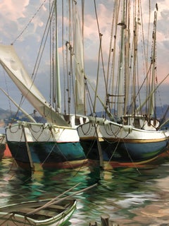 Grande toile peinte de voiliers de port
