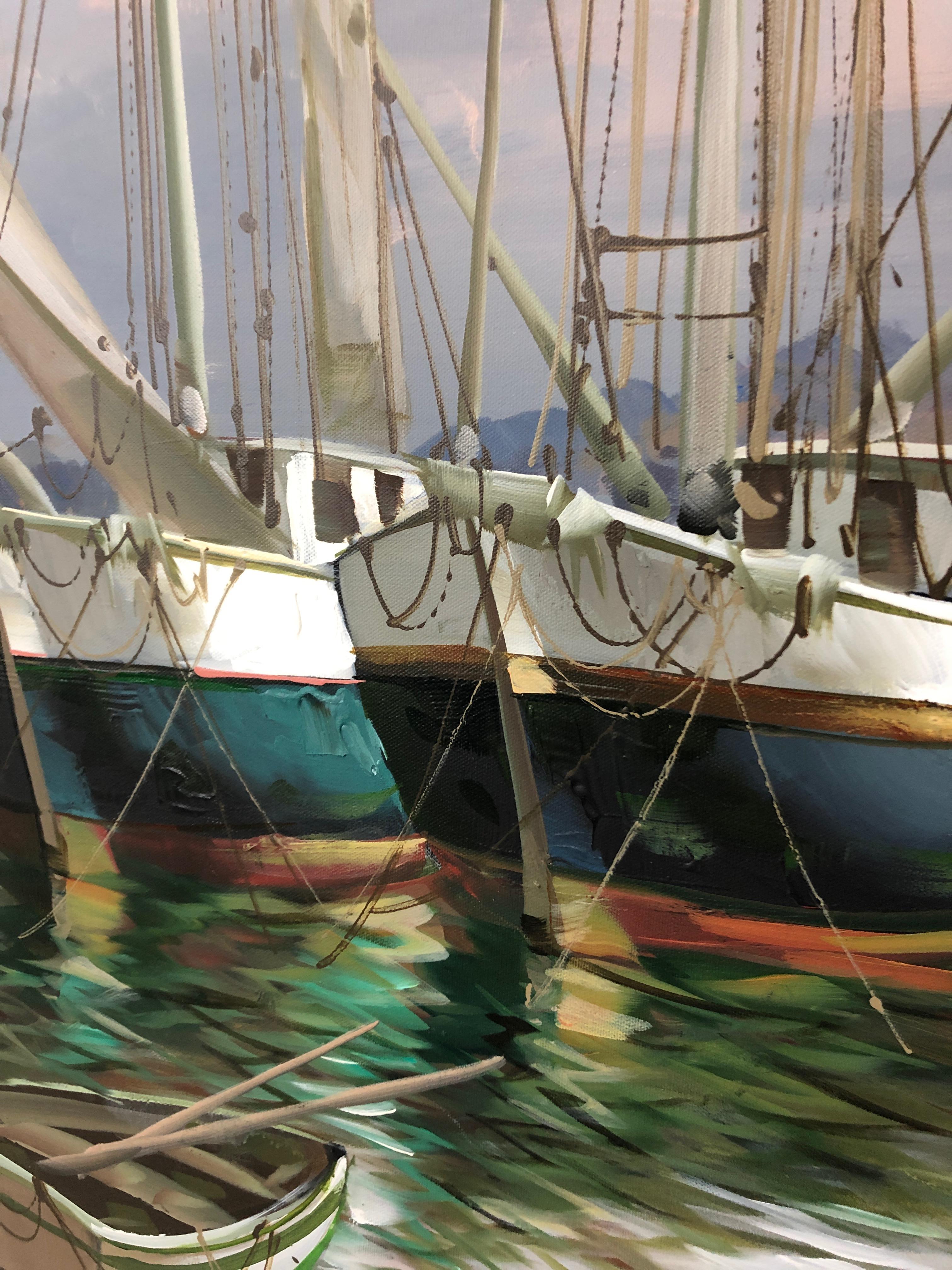 Fin du 20e siècle Grande toile peinte de voiliers de port en vente