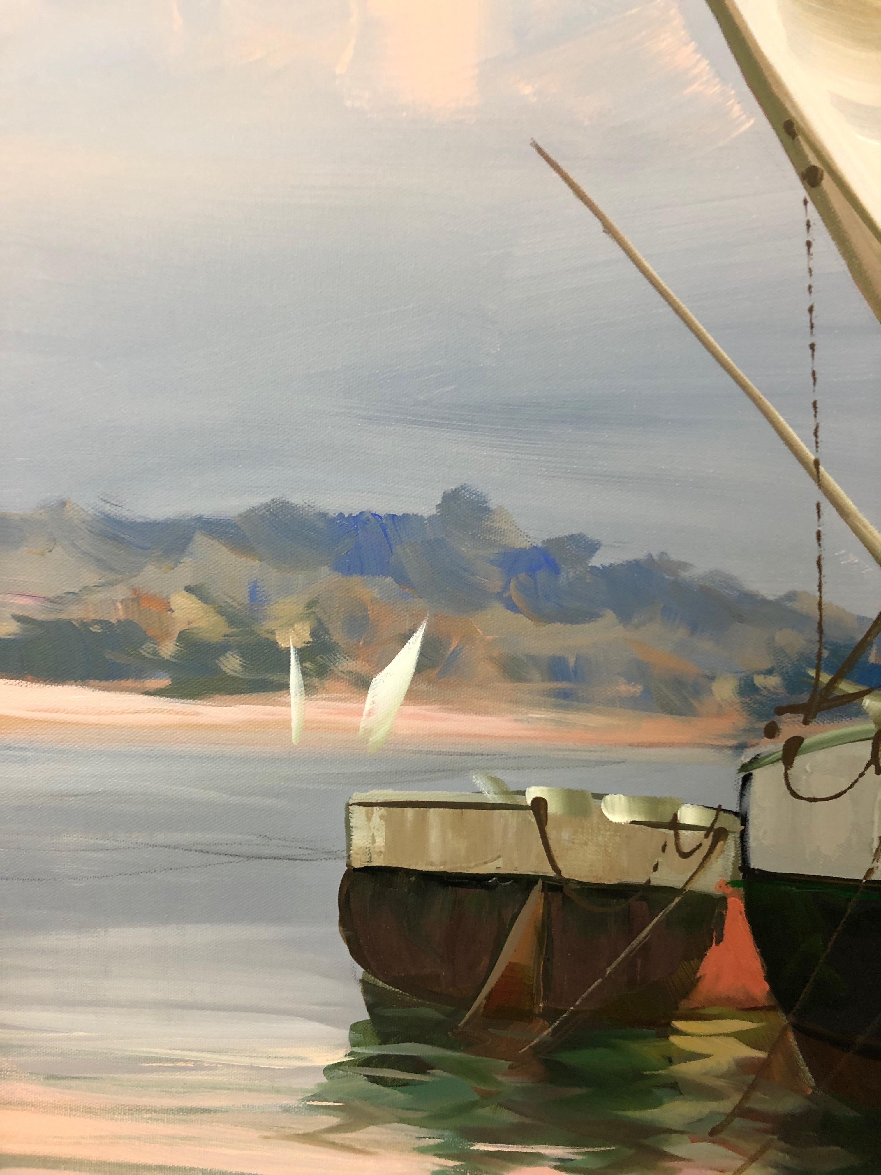Toile Grande toile peinte de voiliers de port en vente