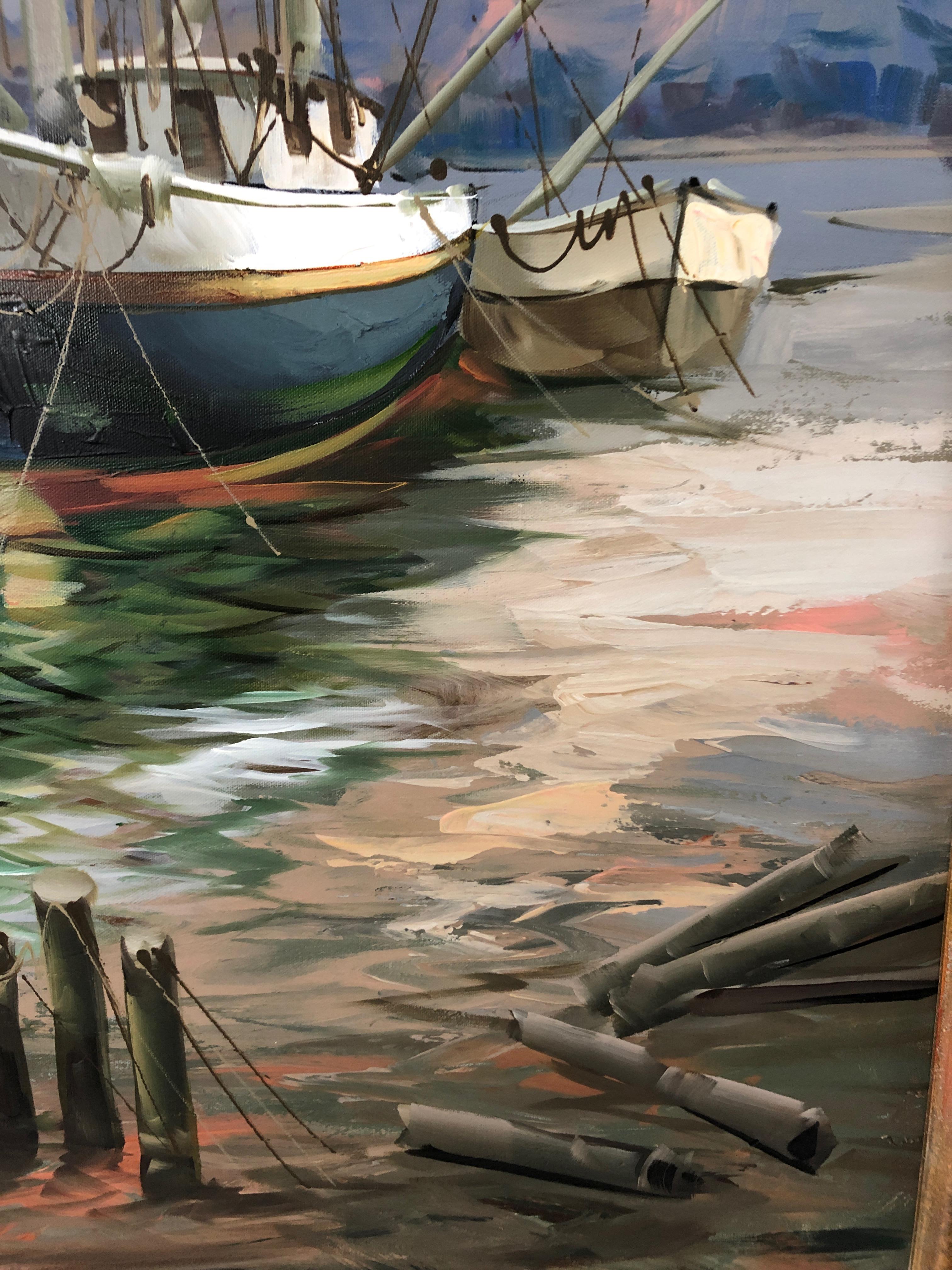 Grande toile peinte de voiliers de port en vente 2
