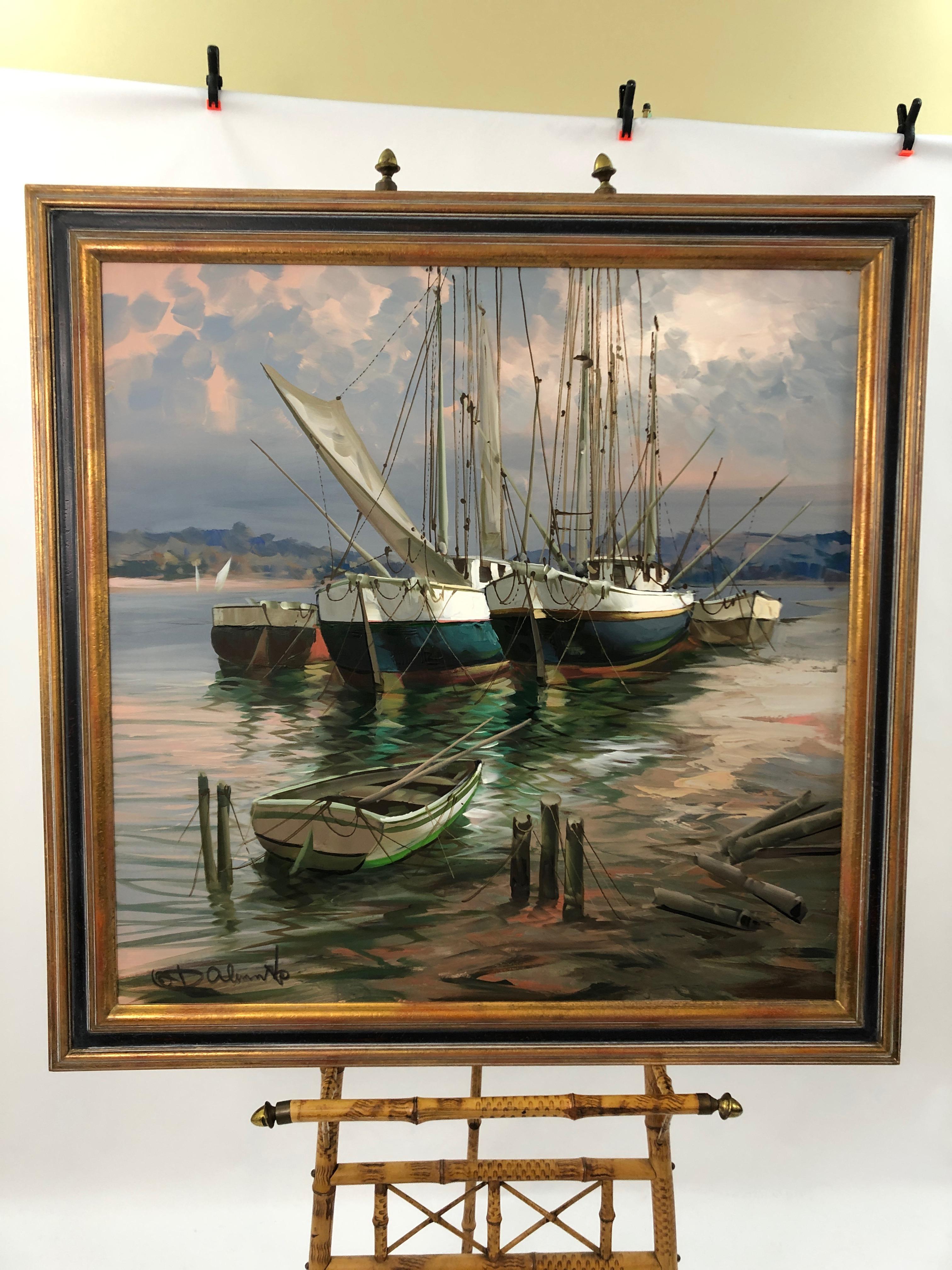 Grande toile peinte de voiliers de port en vente 3
