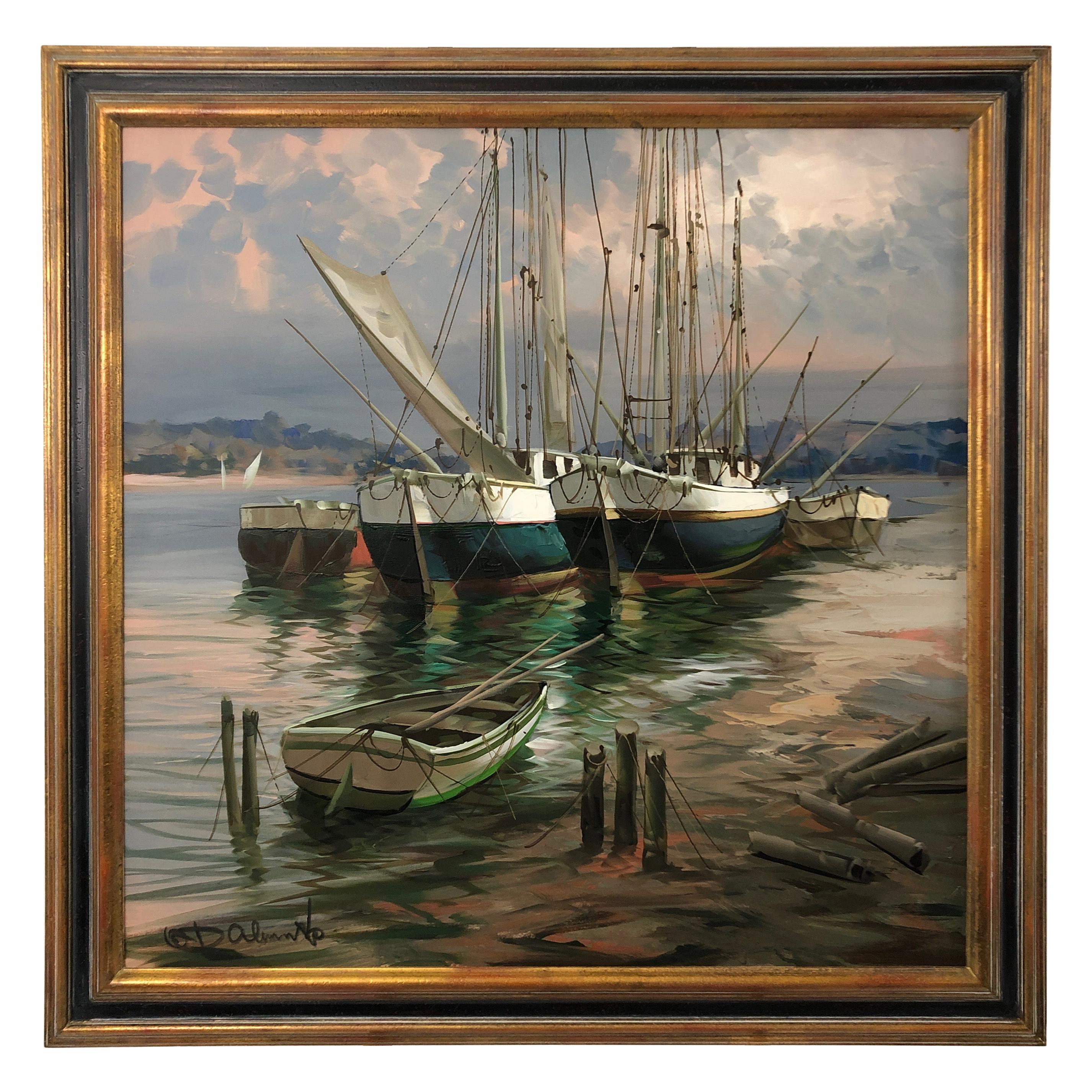 Grande toile peinte de voiliers de port en vente