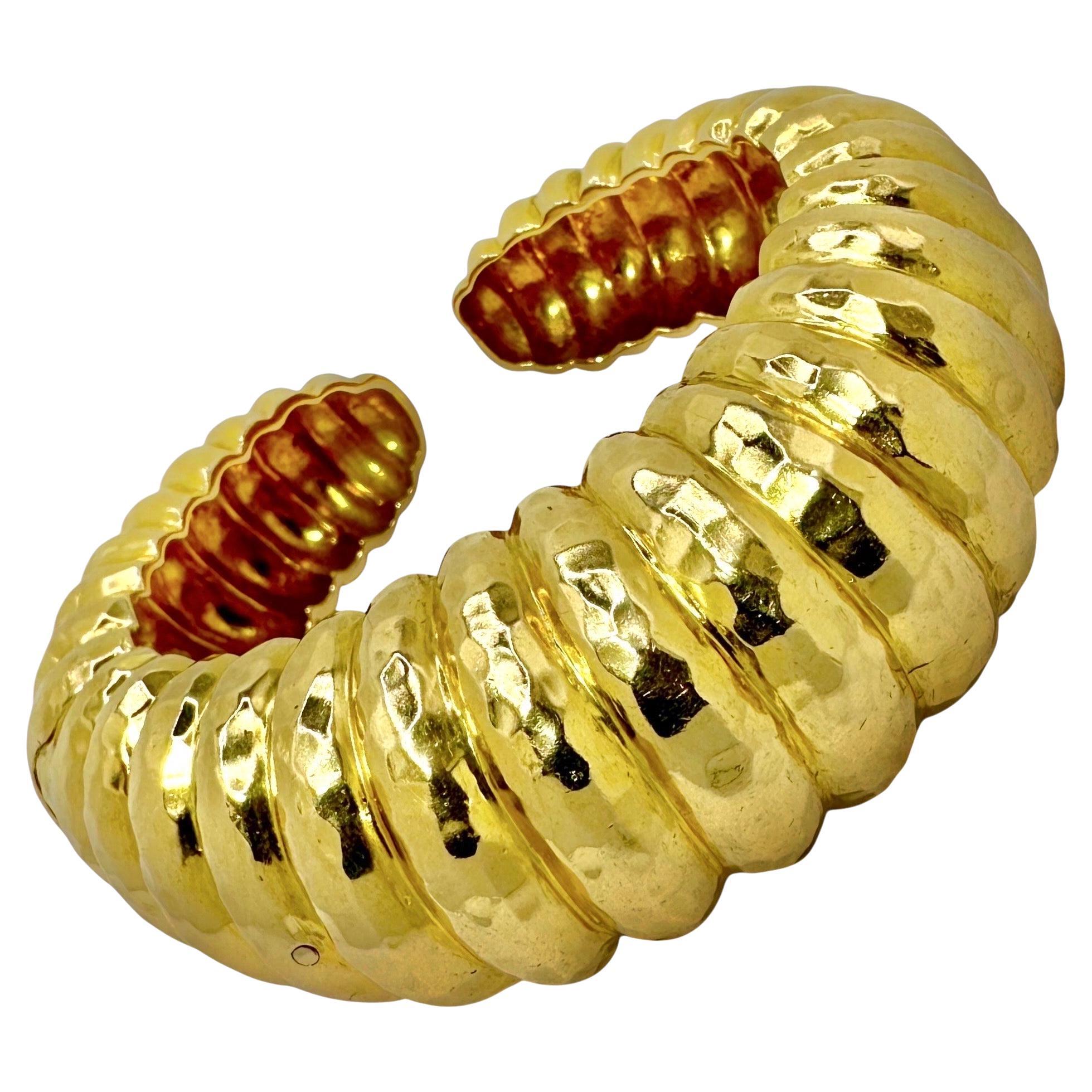 Big Bold Vintage Hammered Finish Bombe Cuff Bracelet in 18k Yellow Gold