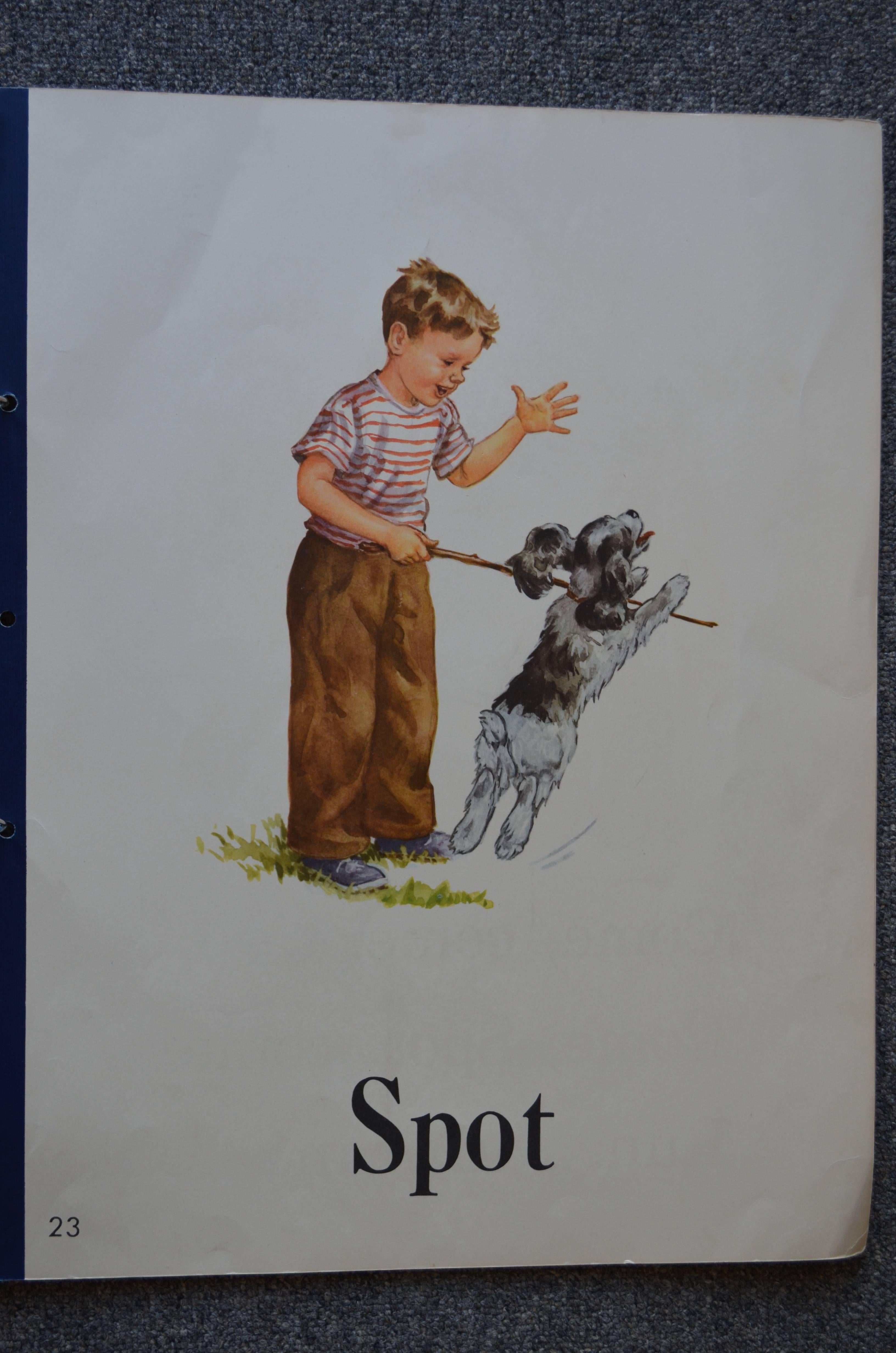 Big Book of Dick and Jane for beginning readers, circa 1950s. Twenty-four pages printed both sides with those classic illustrations from the early Baby Boomer years. Cover is missing but all other pages intact. After half a century, the colorful