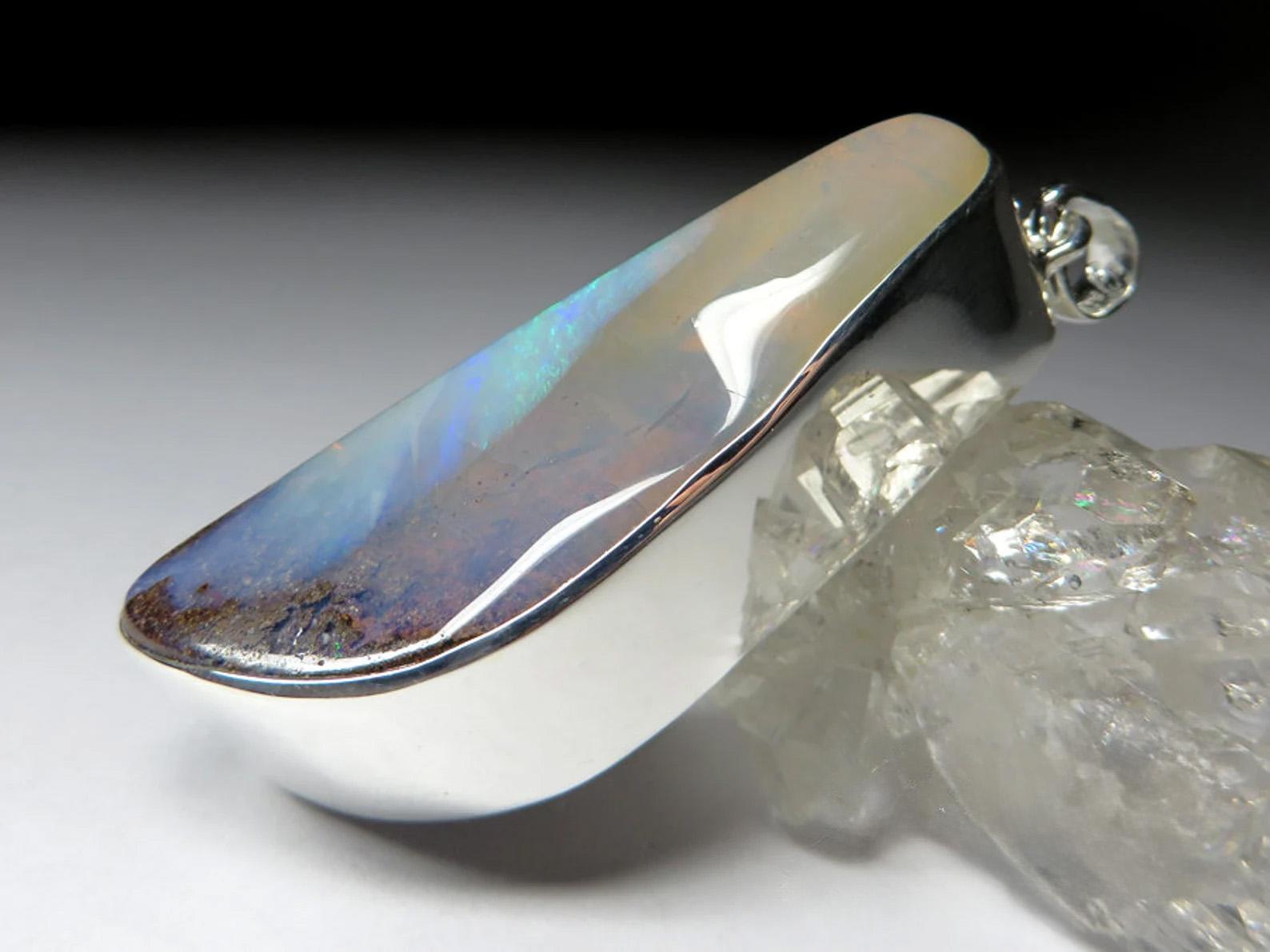Artisan Big Boulder Opal Silver Pendant Australian opal necklace For Sale