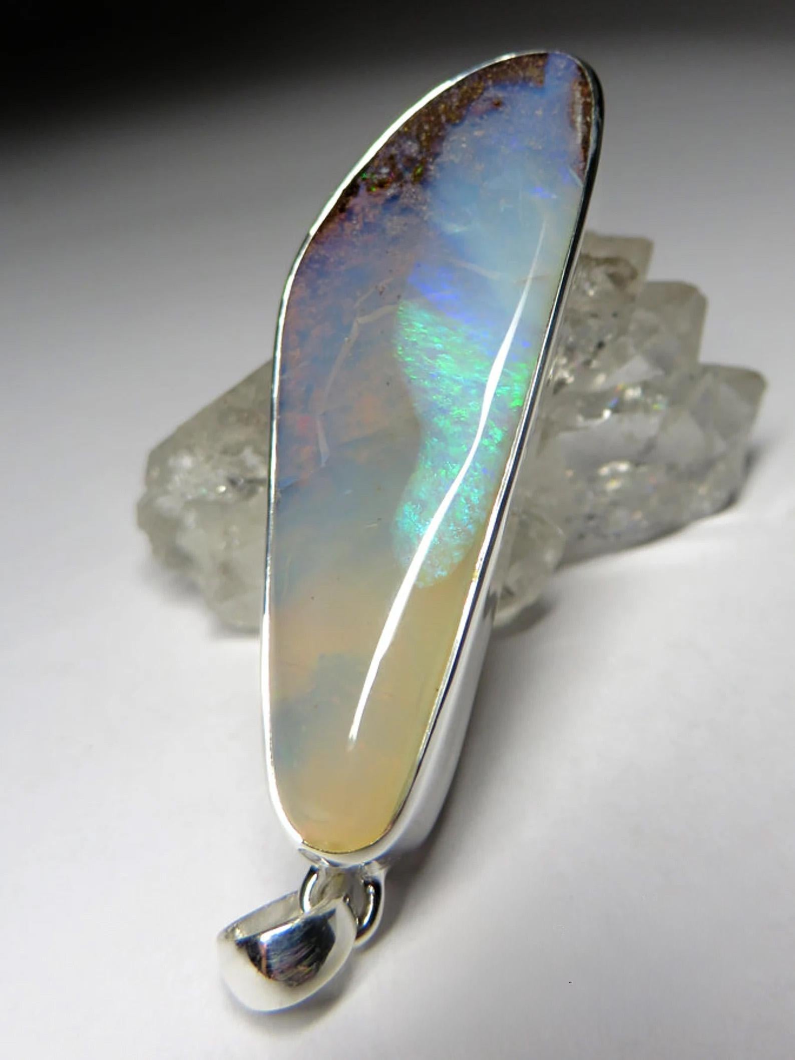 Women's or Men's Big Boulder Opal Silver Pendant Australian opal necklace For Sale
