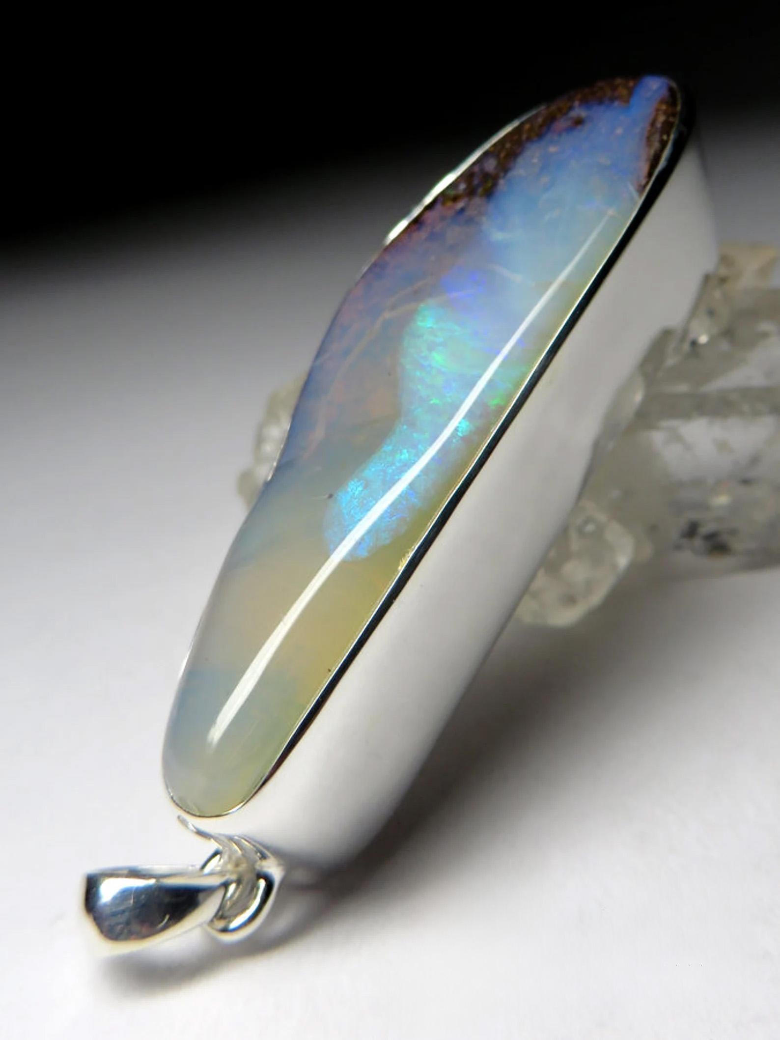 Big Boulder Opal Silver Pendant Australian opal necklace For Sale 1