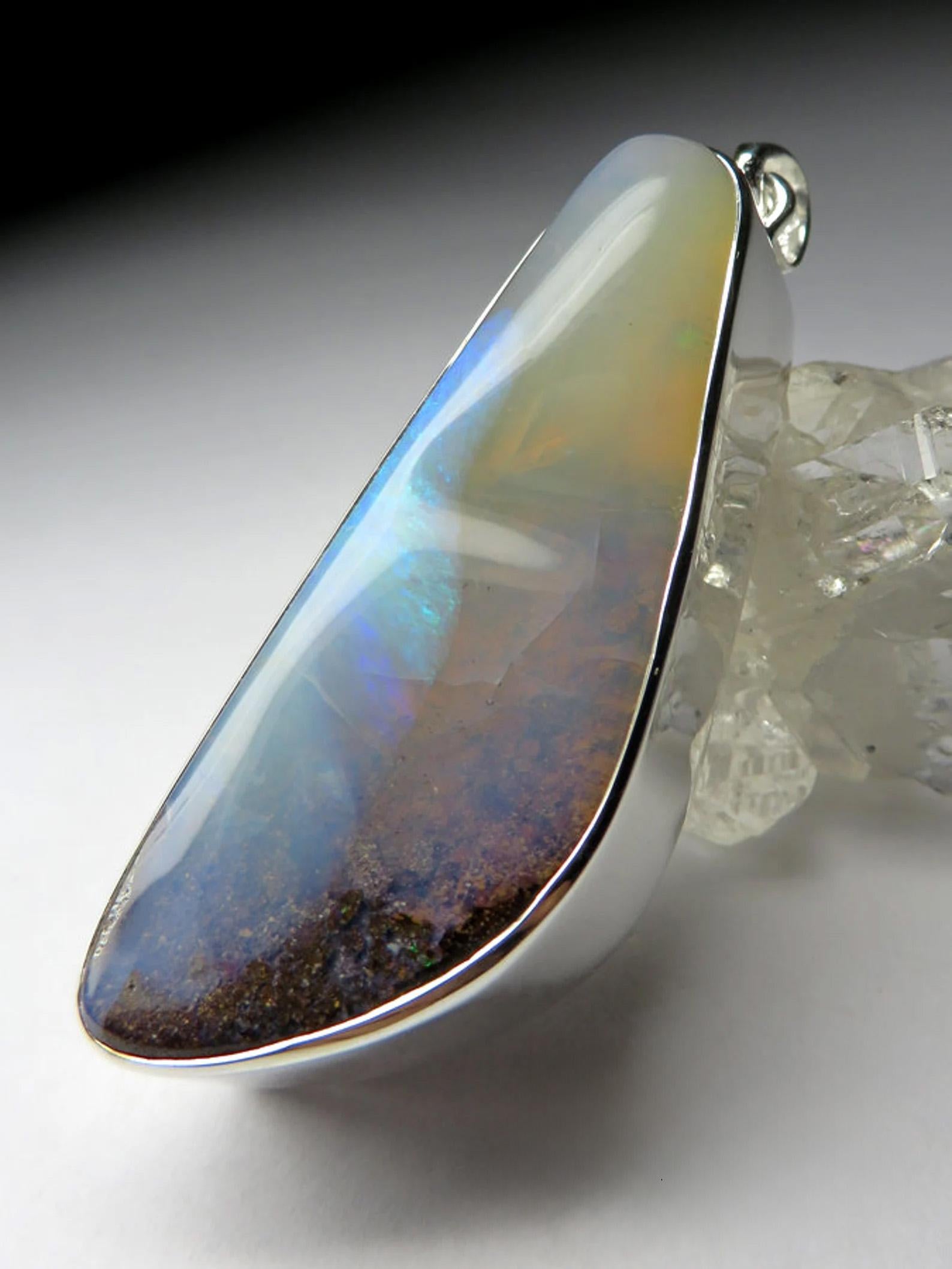 Big Boulder Opal Silver Pendant Australian opal necklace For Sale 3