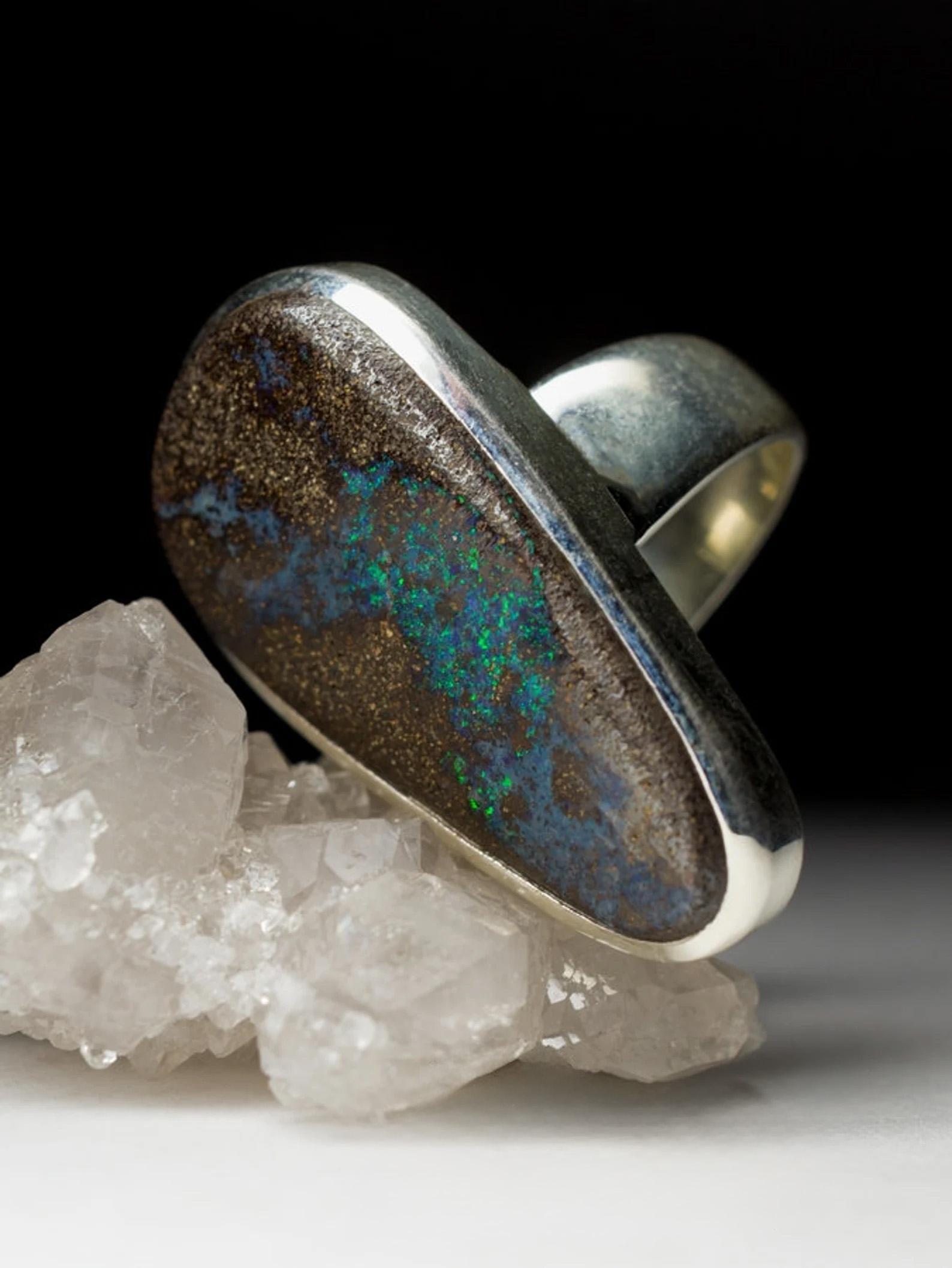 Big Boulder Opal Silver Ring Chunky Cabochon Turquoise Blue Brown Gemstone 4