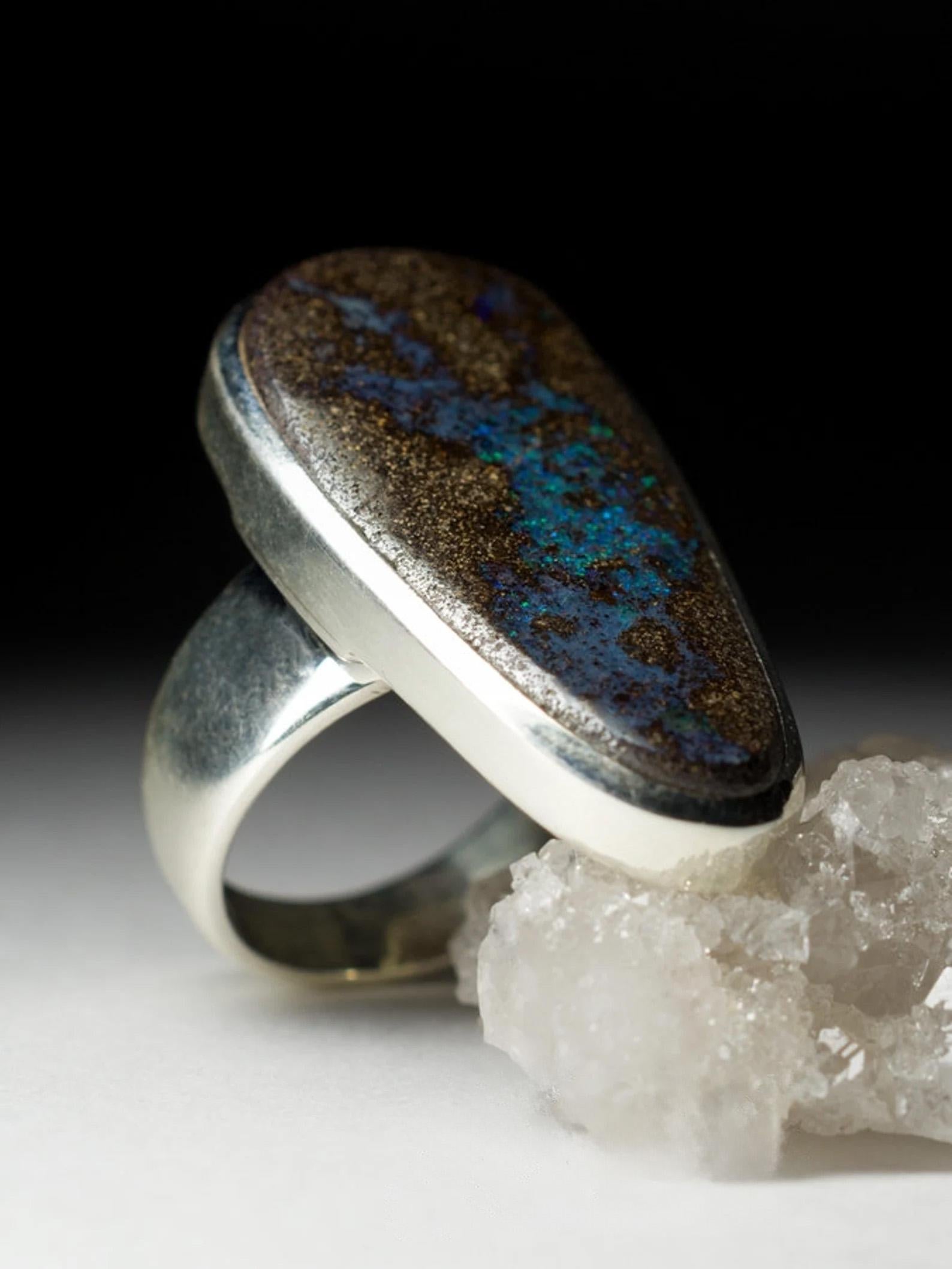 Big Boulder Opal Silver Ring Chunky Cabochon Turquoise Blue Brown Gemstone 5