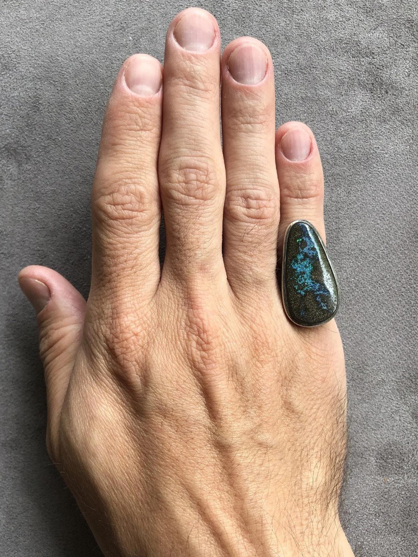 Artisan Big Boulder Opal Silver Ring Chunky Cabochon Turquoise Blue Brown Gemstone