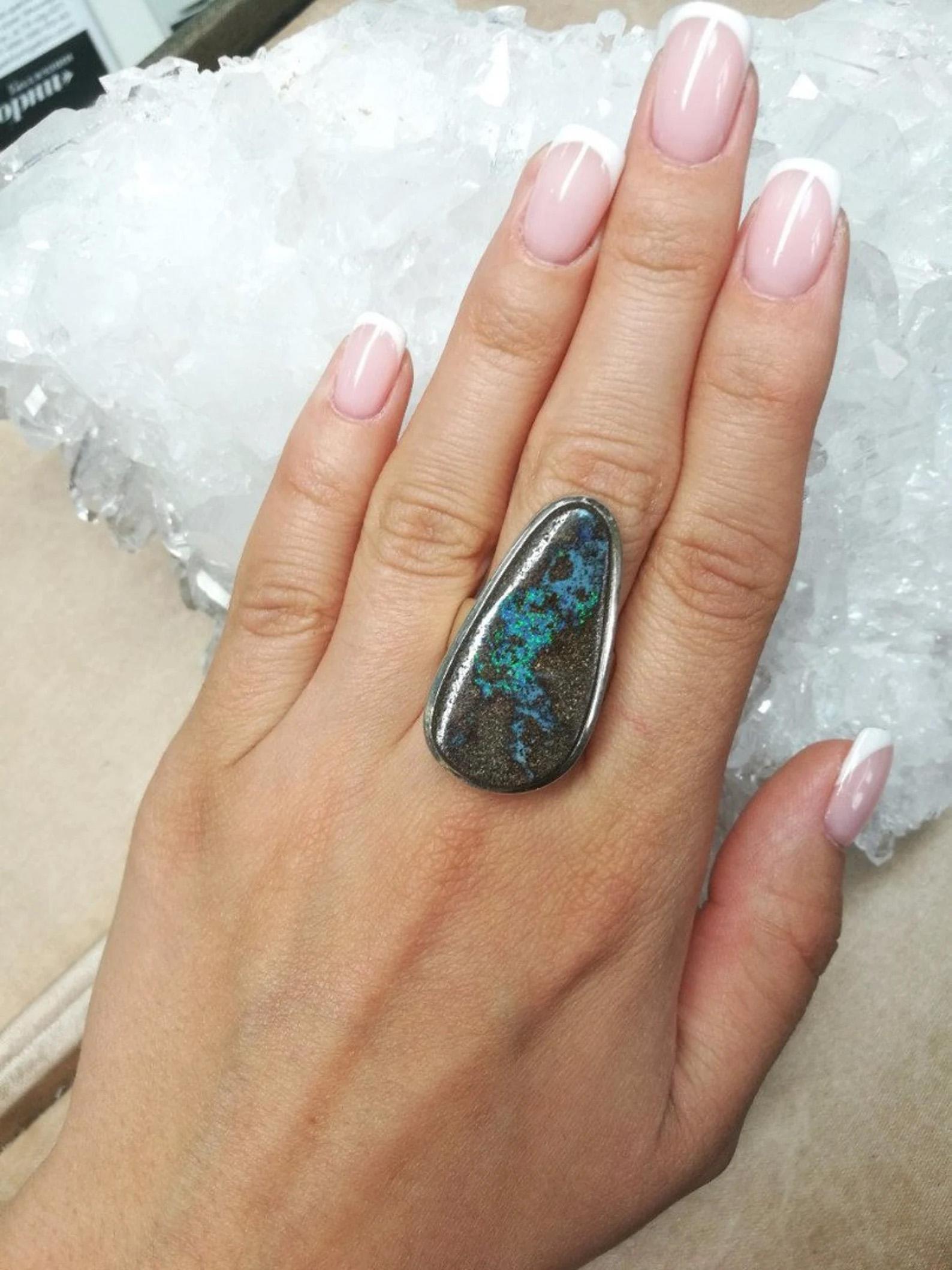Pear Cut Big Boulder Opal Silver Ring Chunky Cabochon Turquoise Blue Brown Gemstone