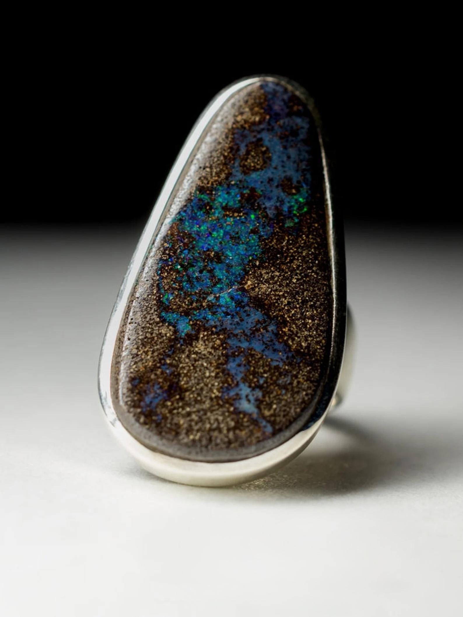 Big Boulder Opal Silver Ring Chunky Cabochon Turquoise Blue Brown Gemstone In New Condition In Berlin, DE