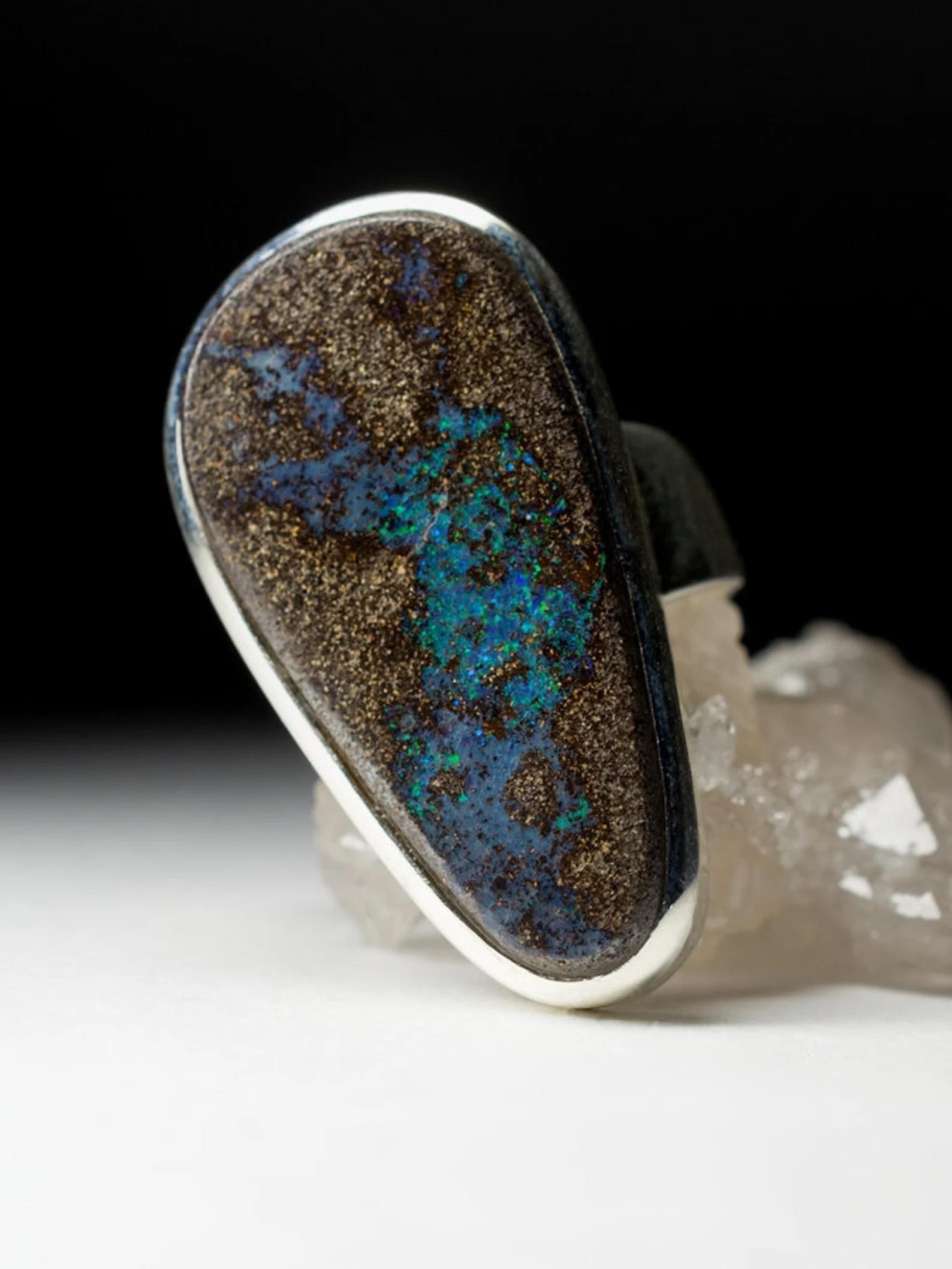 Women's or Men's Big Boulder Opal Silver Ring Chunky Cabochon Turquoise Blue Brown Gemstone