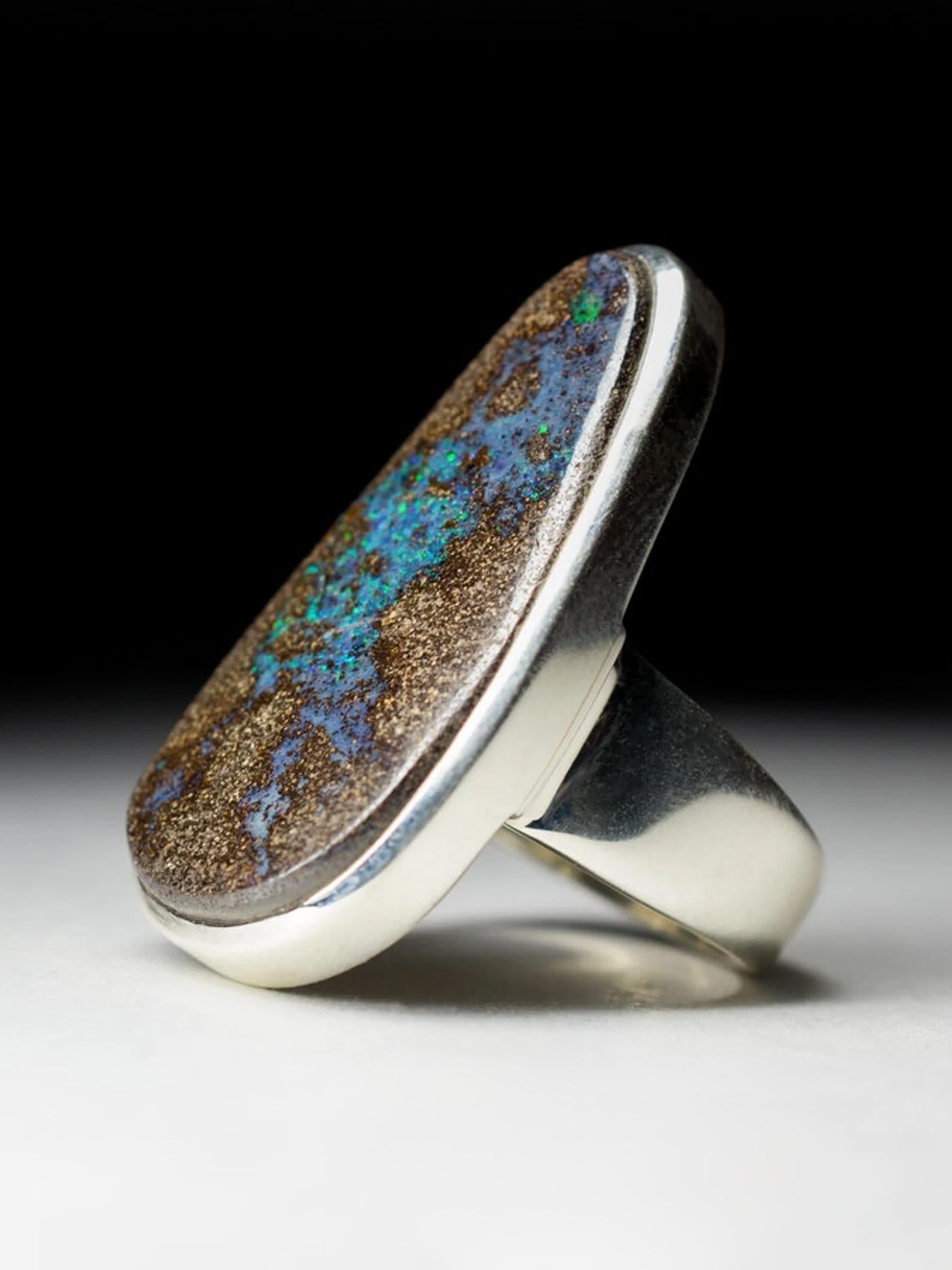 Big Boulder Opal Silver Ring Chunky Cabochon Turquoise Blue Brown Gemstone 1