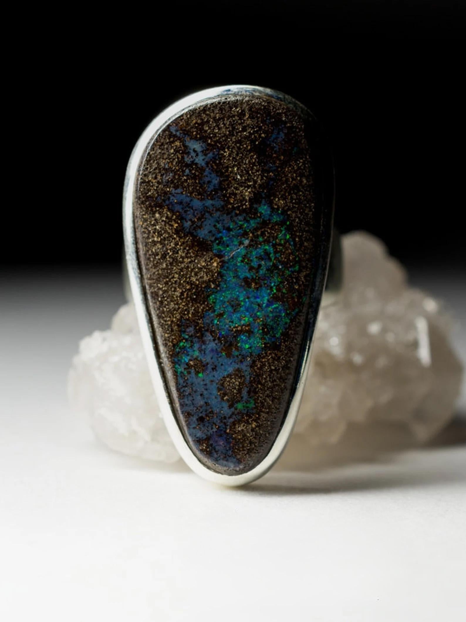 Big Boulder Opal Silver Ring Chunky Cabochon Turquoise Blue Brown Gemstone 2