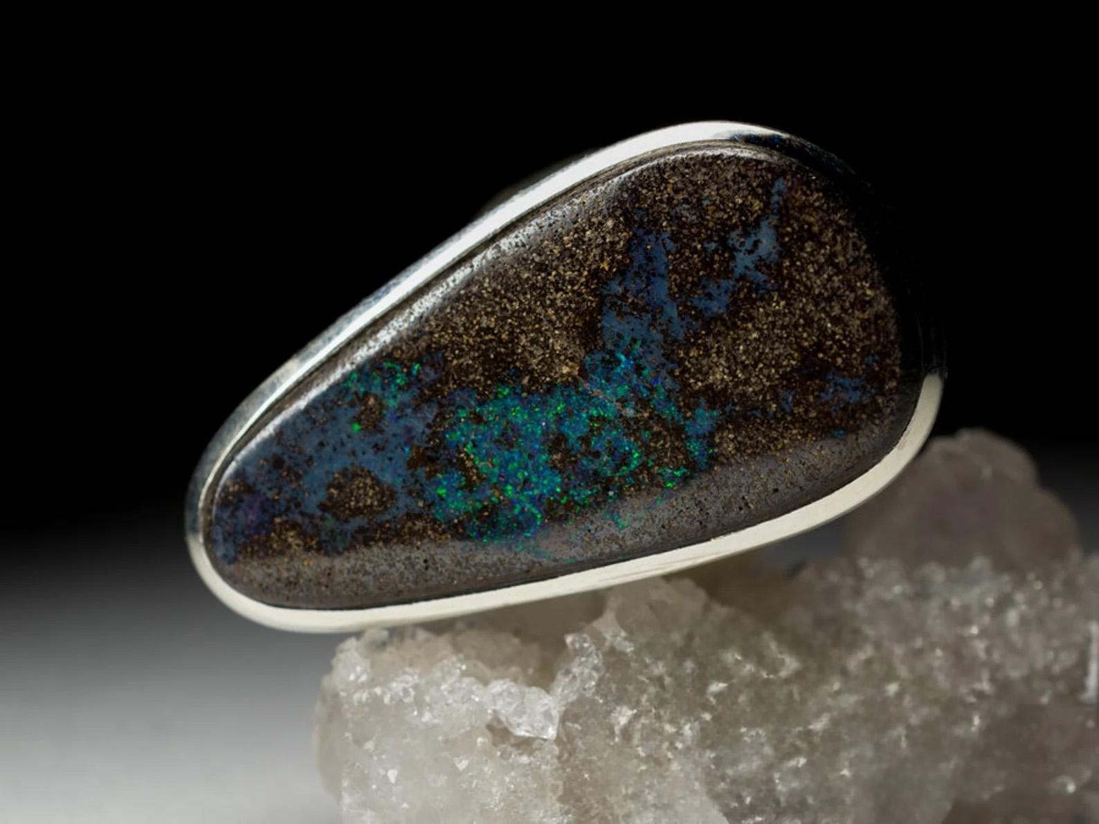 Big Boulder Opal Silver Ring Chunky Cabochon Turquoise Blue Brown Gemstone 3