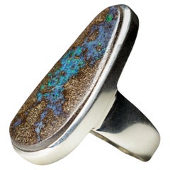 Big Boulder Opal Silver Ring Chunky Cabochon Turquoise Blue Brown Gemstone