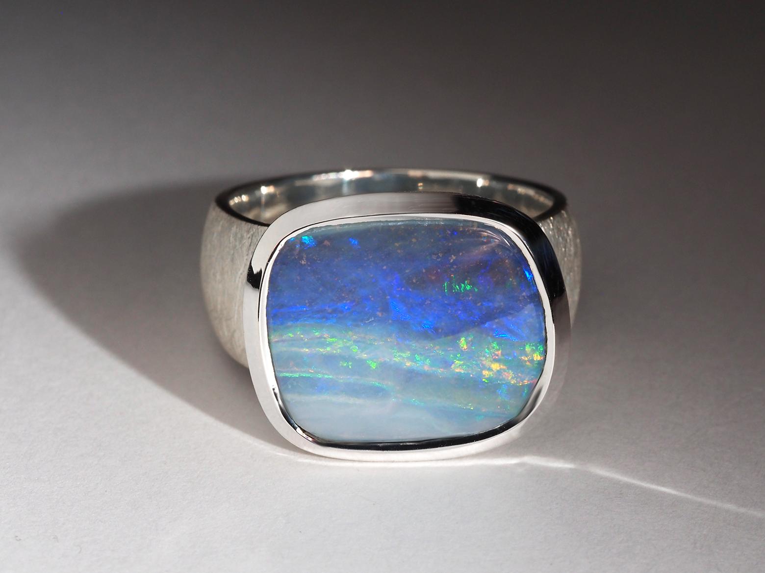 Artigiano Anello Opale Big Boulder in argento sterling Pietra di nascita di ottobre in vendita