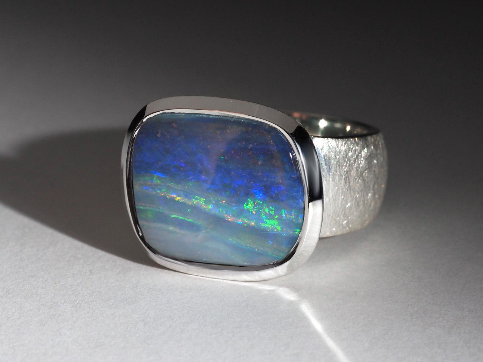 Quadrato Anello Opale Big Boulder in argento sterling Pietra di nascita di ottobre in vendita