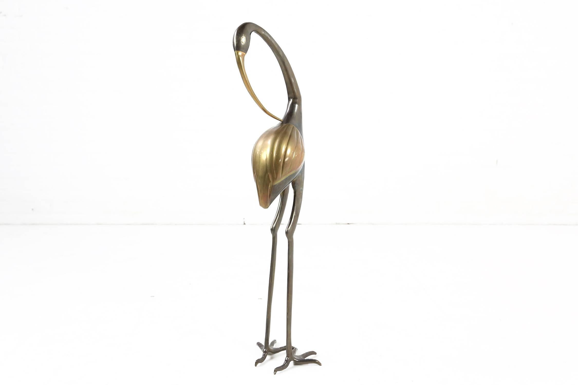 French Big Brass Crane or Heron Sculpture Bird, 1970s
