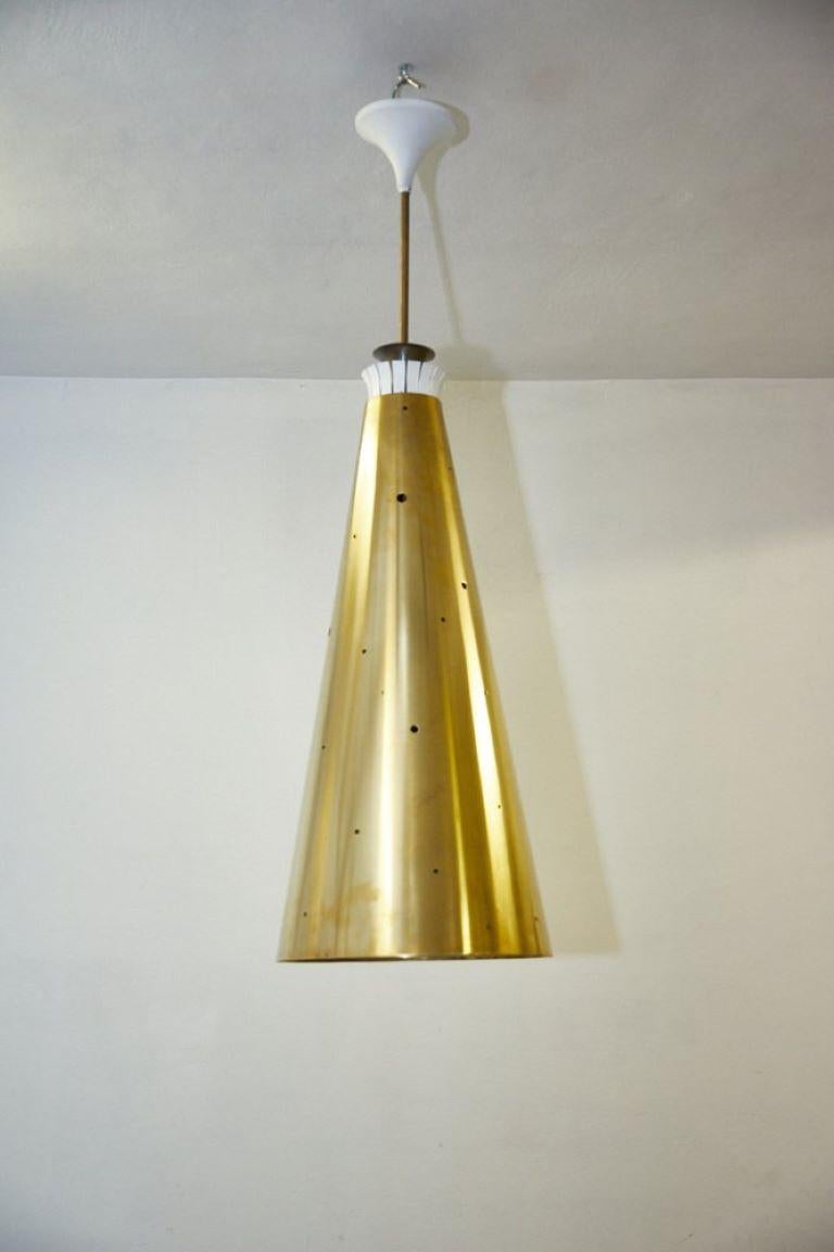 Large pendant from the 1950s, really hard to find a cone chandelier of this size, made entirely of brass with plexiglass diffuser, wanting we have the pair in our warehouse.