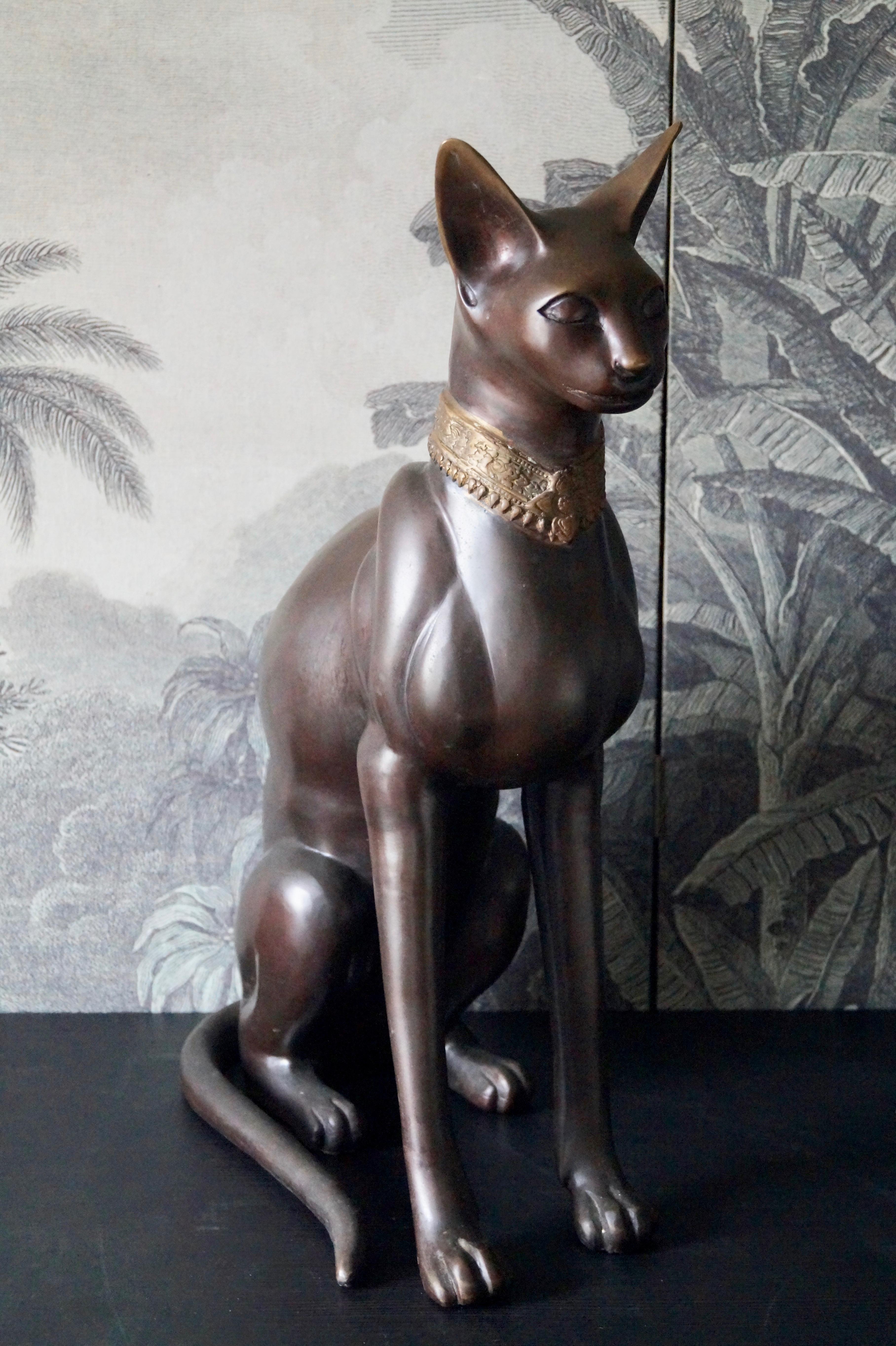 Hollywood Regency Big Bronze French Egyptian Bastet Cat, 1970s For Sale