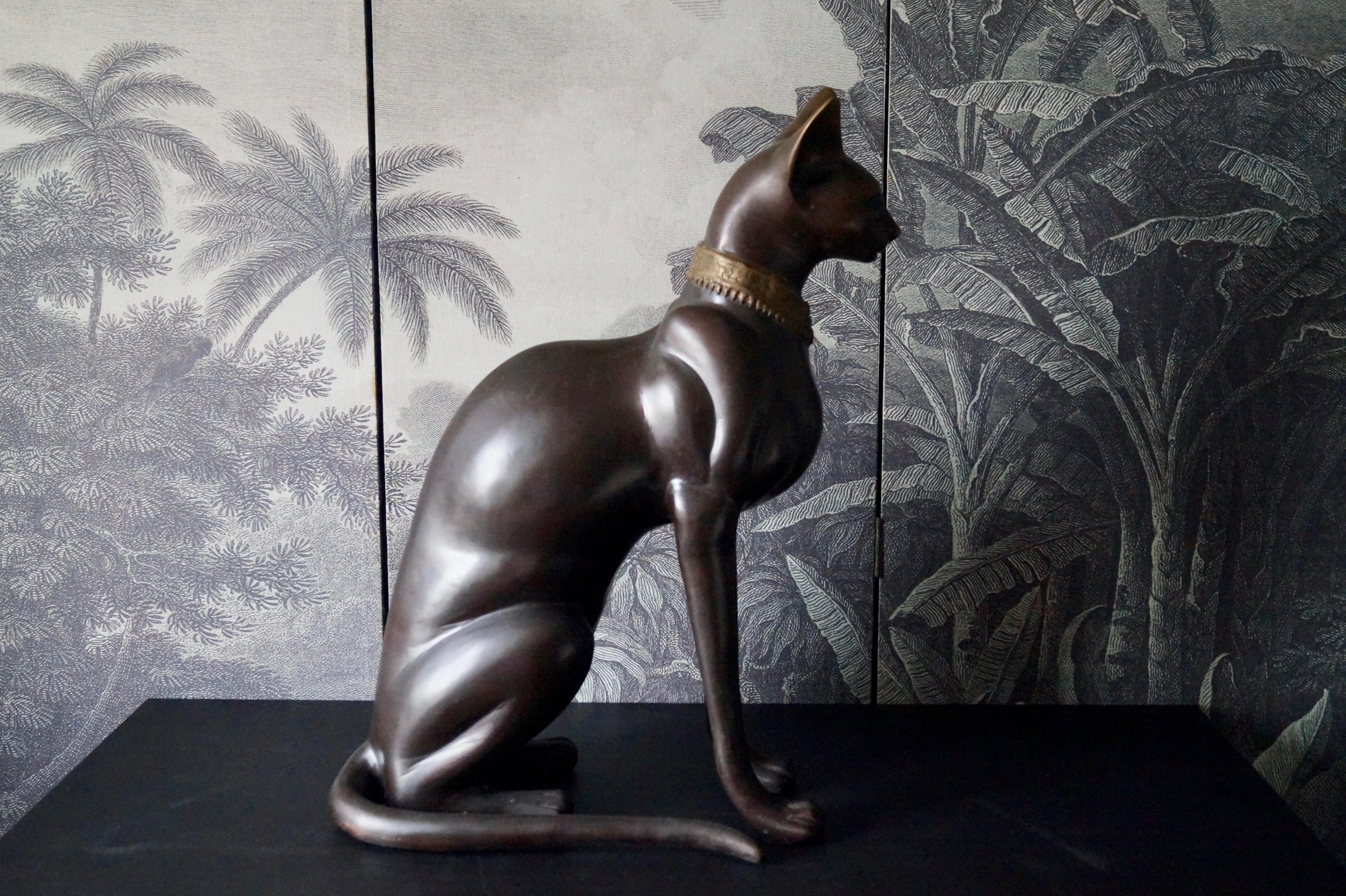 Cast Big Bronze French Egyptian Bastet Cat, 1970s For Sale