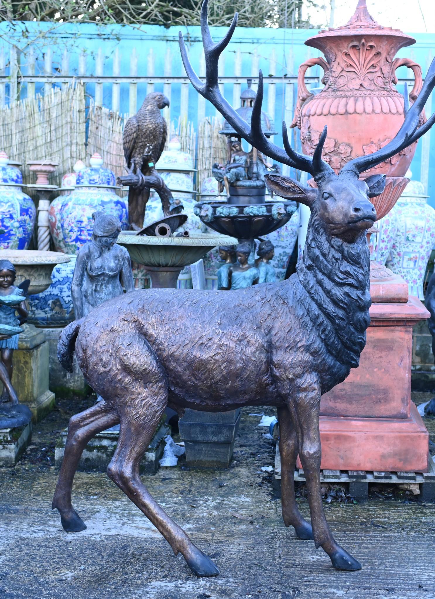 Wonderful bronze casting of a large stag
This is a big creature at seven feet tall - 213 CM
Reminds us of Landseers famous painting Monarch of the Glen which came to be a romantic symbol of Scotland's identity
You could just imagine this majestic