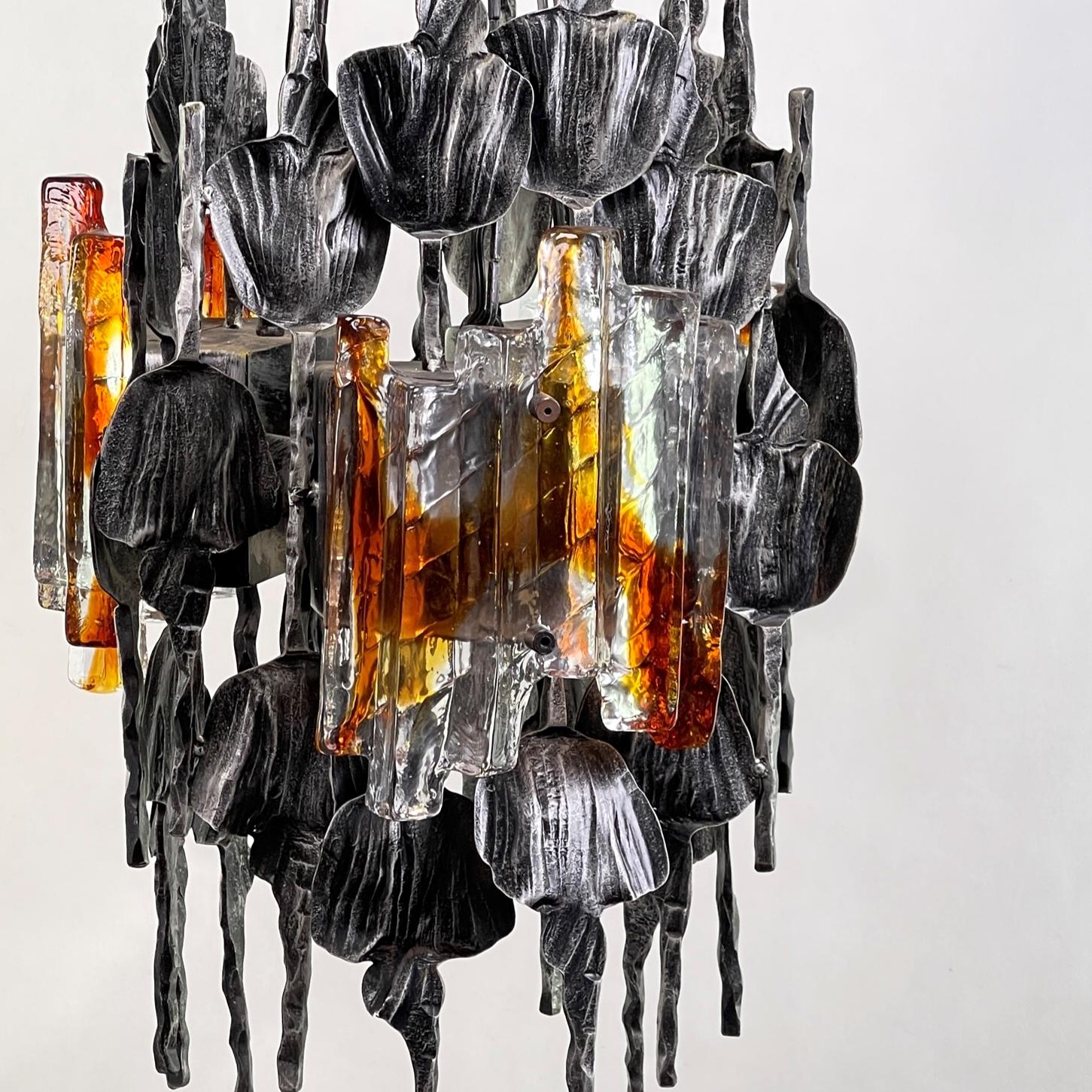 Swedish Big Brutalist Ceiling Lamp Iron Murano Glass by T. Ahlström and H. Ehrich, 1960s For Sale