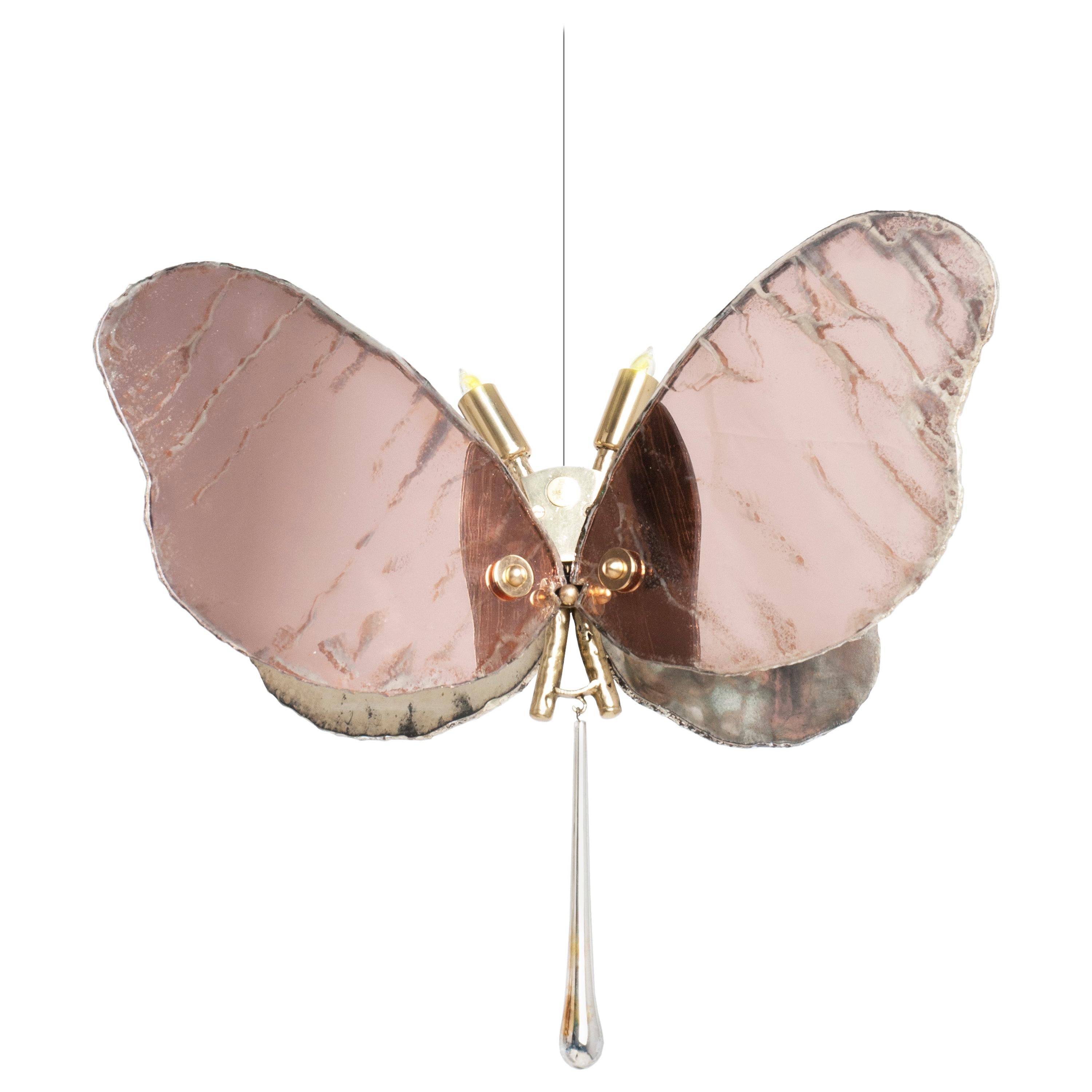 Butterfly 40 contemporary pendant Lamp art glas Silvered, rose color, Brass  