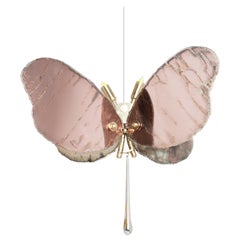 Lampe à suspension contemporaine papillon 40 en verre d'art argenté, couleur rose, laiton  